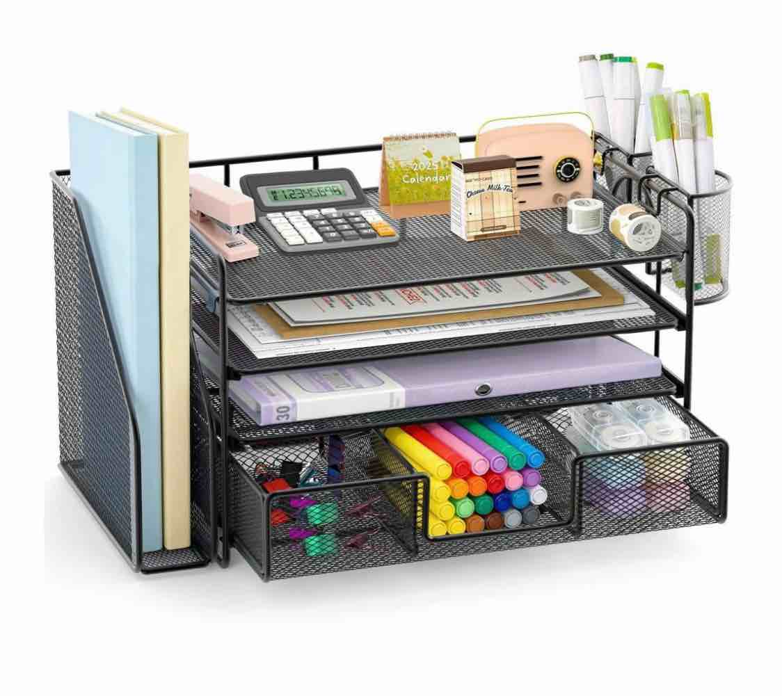 Desk Organizer and Accessories, 4-Tier Desktop File Organizer with Drawer and 2 Pen Holders, Office Desk Accessories & Workspace Organizers (Black)