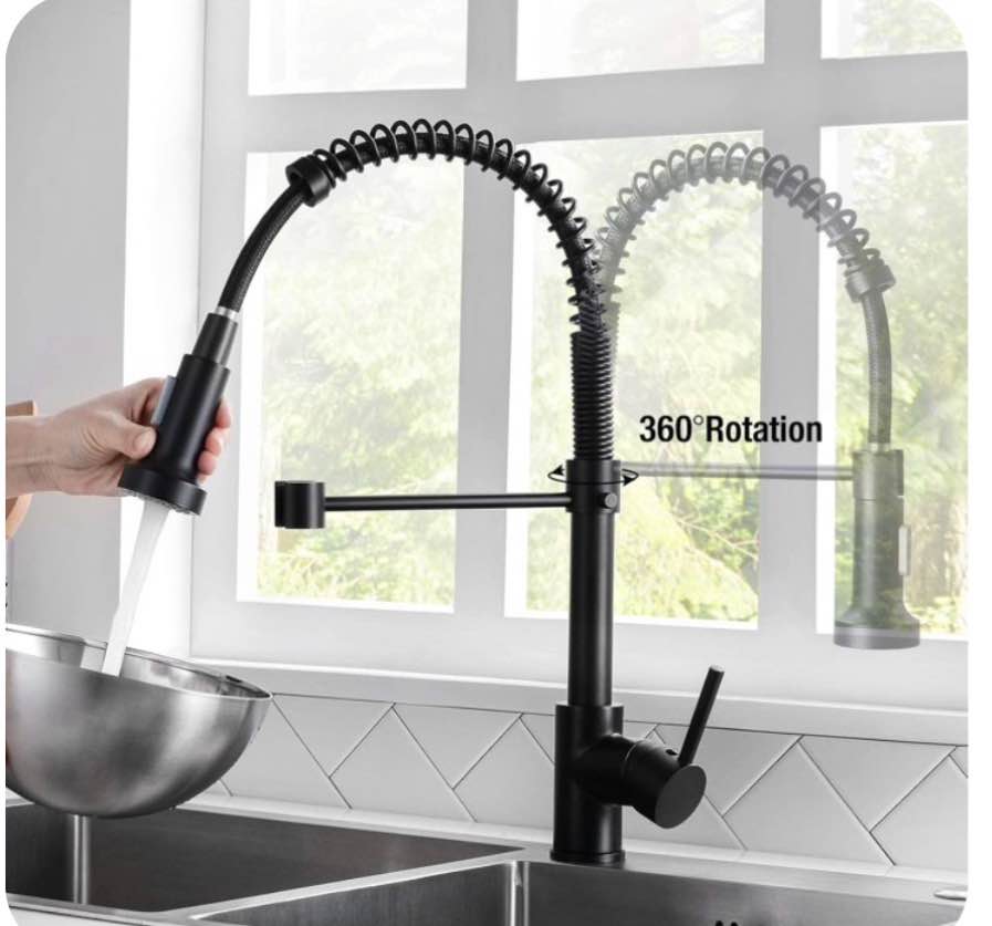 DTIG Black Kitchen Faucet, Pull-Out Sprayer, Brushed Nickel, Dual-Function, Includes Deck Plate, Water Pipes