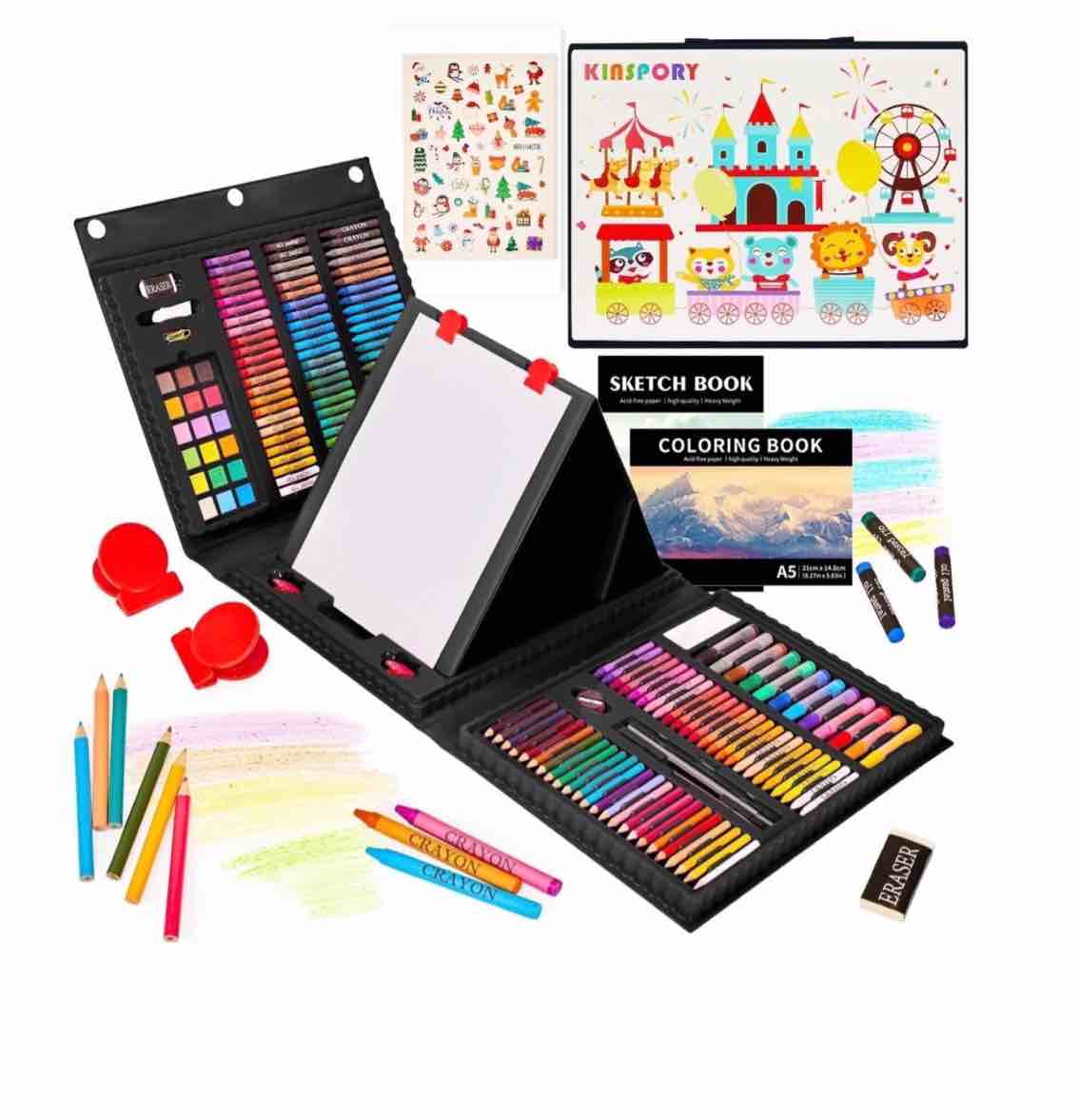 KINSPORY KINSPORY 290 Pack Drawing Coloring Art Set with Double-Side Trifold Art Easel, Creative Supplies Gift for Artists Beginners Kids Boys Girls (Black)