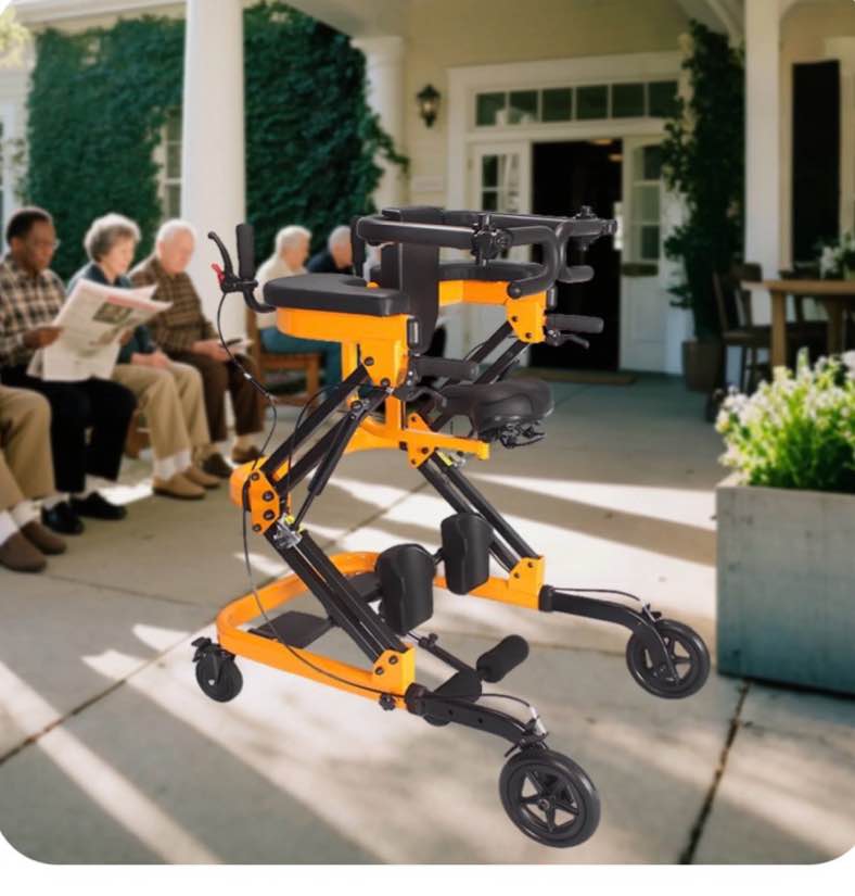 Standing Walker with Seat and Armrest for Seniors, Foldable Standing Frame with Wheels, Adjustable Upright Walkers for Seniors for Rehabilitation and Mobility Support, 74 lbs