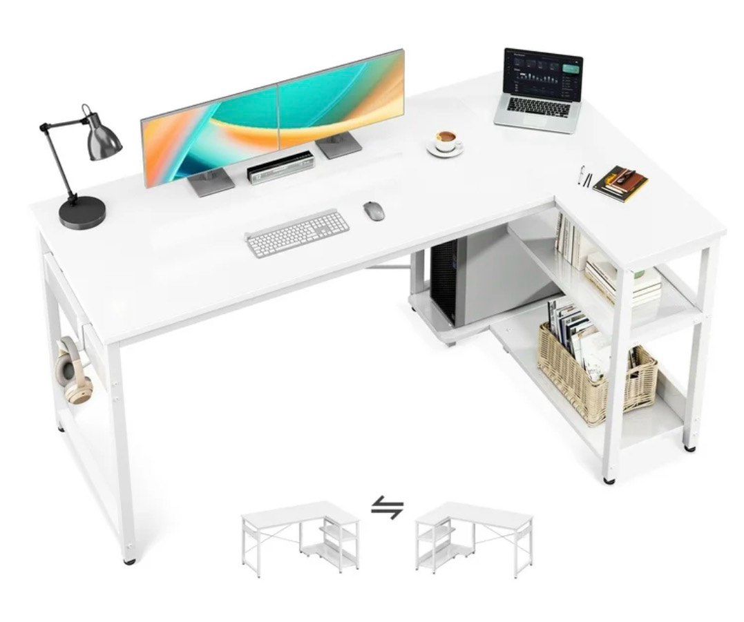 Casacomoda L Shaped Computer Desk with Power Outlet Shelves, 55 Inch Big Reversible Corner Desk for Small Space Home Office, L-Shaped Desk PC Desks, White