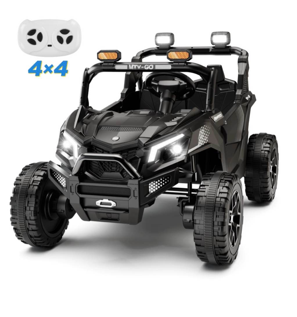 Wisairt 24V Ride on Toys 4WD Ride on Cars with Remote Control, 2 XL Seater Electric Car for Kids, Power Car Wheels, UTV w/ Four Motors, Music, LED Lights, Wireless Audio, 3 Speeds, Black