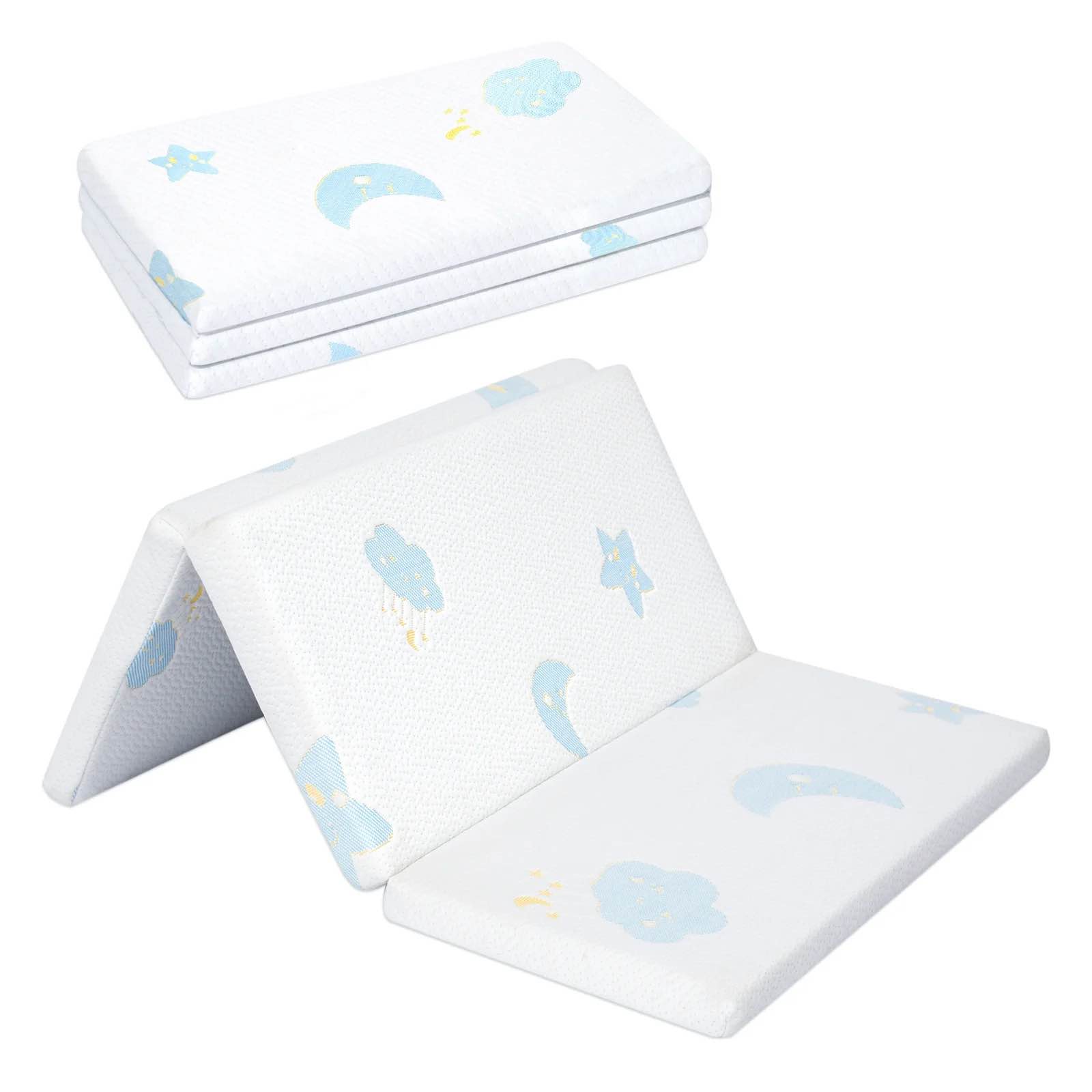 Pack and Play Mattress Pad?Trifold Portable Crib Pack N Play Mattresses,38 * 26" Inch Jacquard Playpen Mattress for Travel Soft Breathable Play Yard Mattress with Washable Cover (Moon/Star-Trifold)