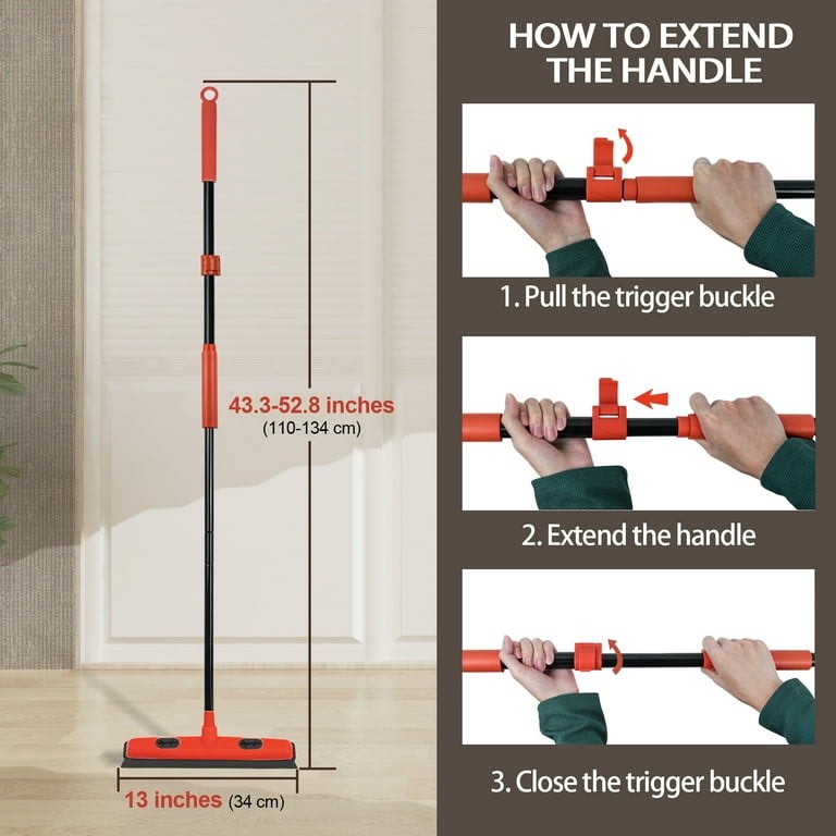 JEHONN Rubber Broom Carpet Rake Brush for Pet Hair with Squeegee (Red)