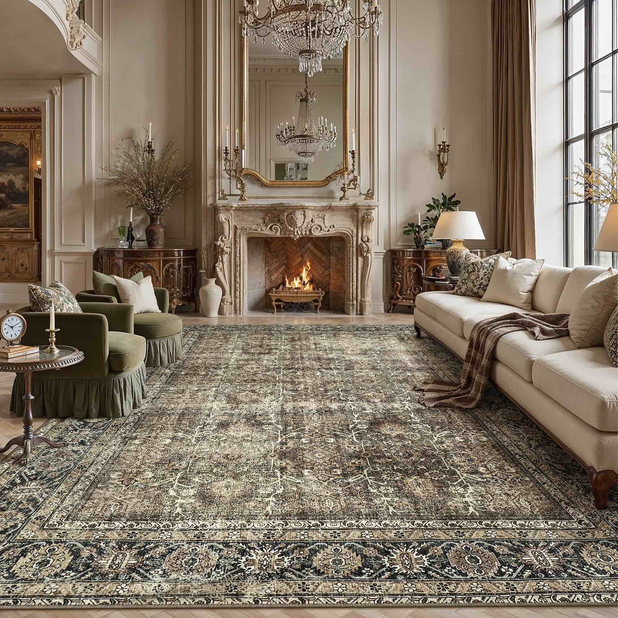 BERTHMEER 9 x12  Large Area Rugs for Living Room Bedroom Vintage Traditional Rugs Machine Washable Non-slip  Brown