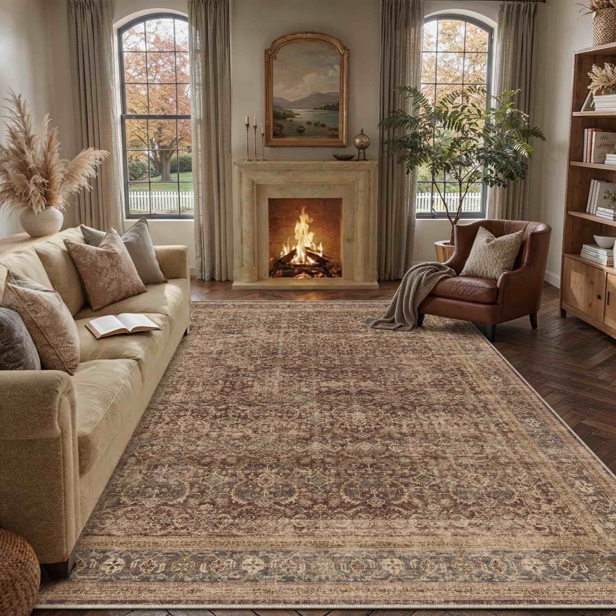 BERTHMEER 6'x9' Washable Area Rugs for Living Room Vintage Brown Rugs for Bedroom Kitchen Non Slip Carpets Office Farmhouse Dorm Dining Room Oriental Traditional Distressed Rugs