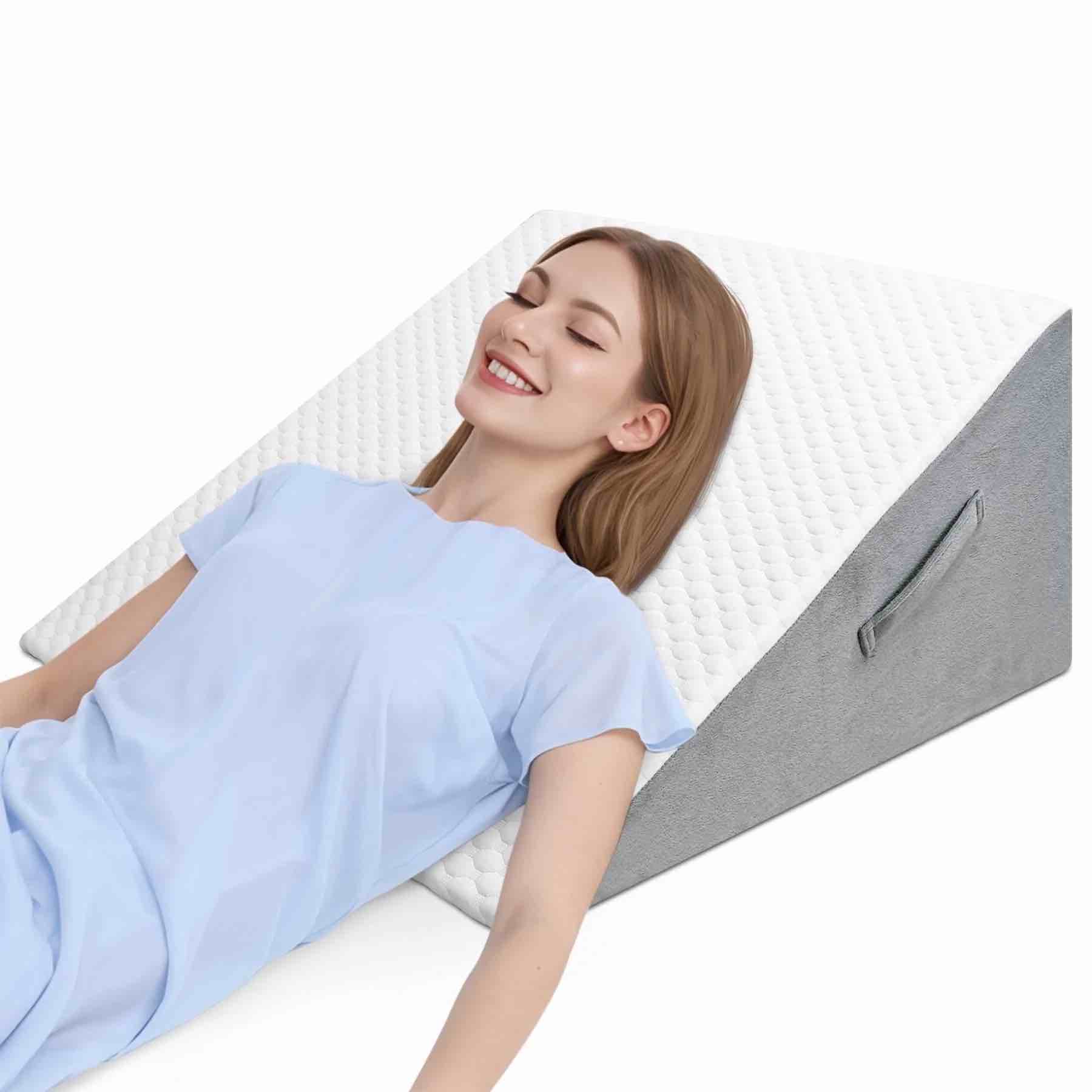 Bed Wedge Pillow, Soft Foam Triangle Pillow for Sleep Apnea, Acid Reflux, Snoring, 12Inch Leg Elevation, Back Support for Sitting Up in Bed, Incline Cushion for Sleeping, Reading, White/Grey