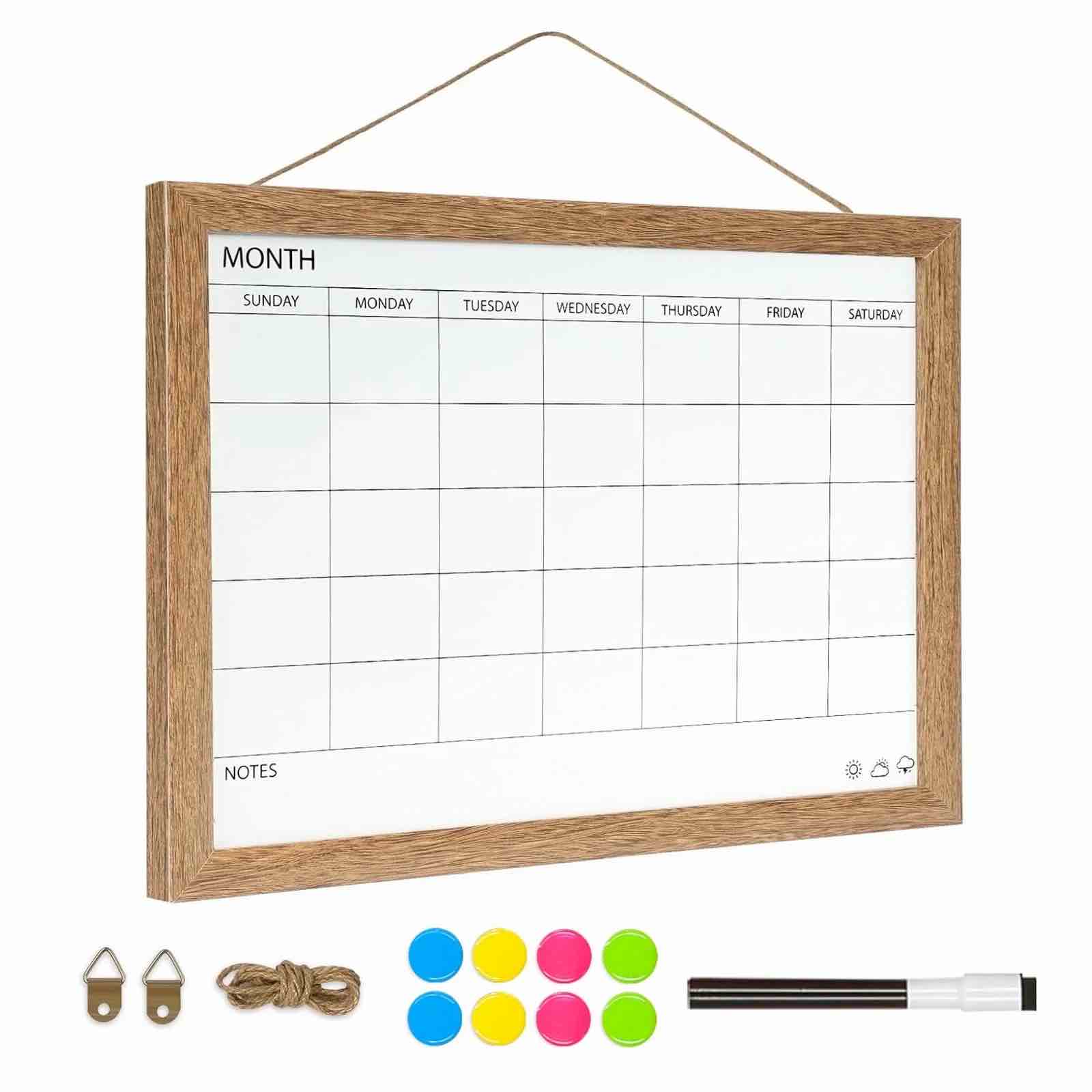 Dry Erase Monthly Calendar Board, 16"x12" Magnetic Surface Whiteboard for Wall, Office/Home, Solid Wood Frame Hanging Board & Planning Board
