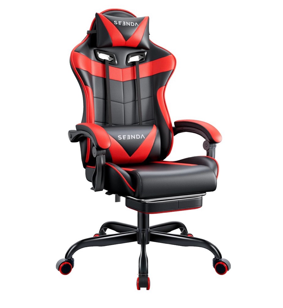 Gaming Chair, Seenda Video Game Chair with Footrest and Lumbar Support, Ergonomic Computer Chair Height Adjustable with Swivel Seat and Headrest, Red
