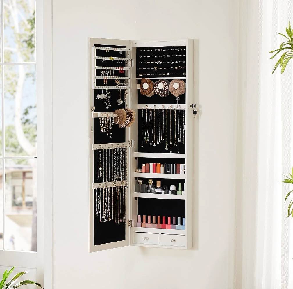 CONCETTA 47" Full-Length Mirror Jewelry Cabinet with 6 Auto LED Lights, Wall-Mounted/Door-Hanging Storage Organizer