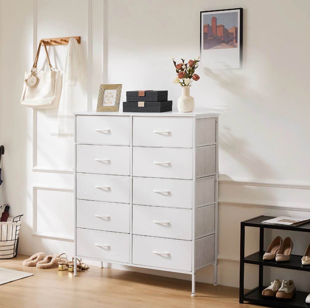 edx 10 Drawer Fabric Dresser for Bedroom, Chest of Drawer Organizer Storage Cabinet for Closet, Entryway, White
