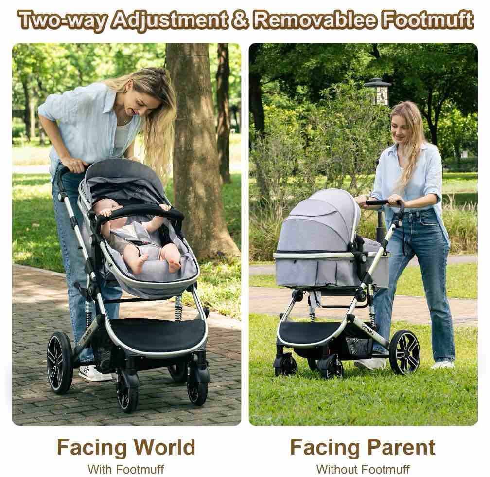 Vomeast Baby Stroller, Foldable Aluminum Alloy Stroller with Reversible, Travel Stroller for Newborn Infant, Grey