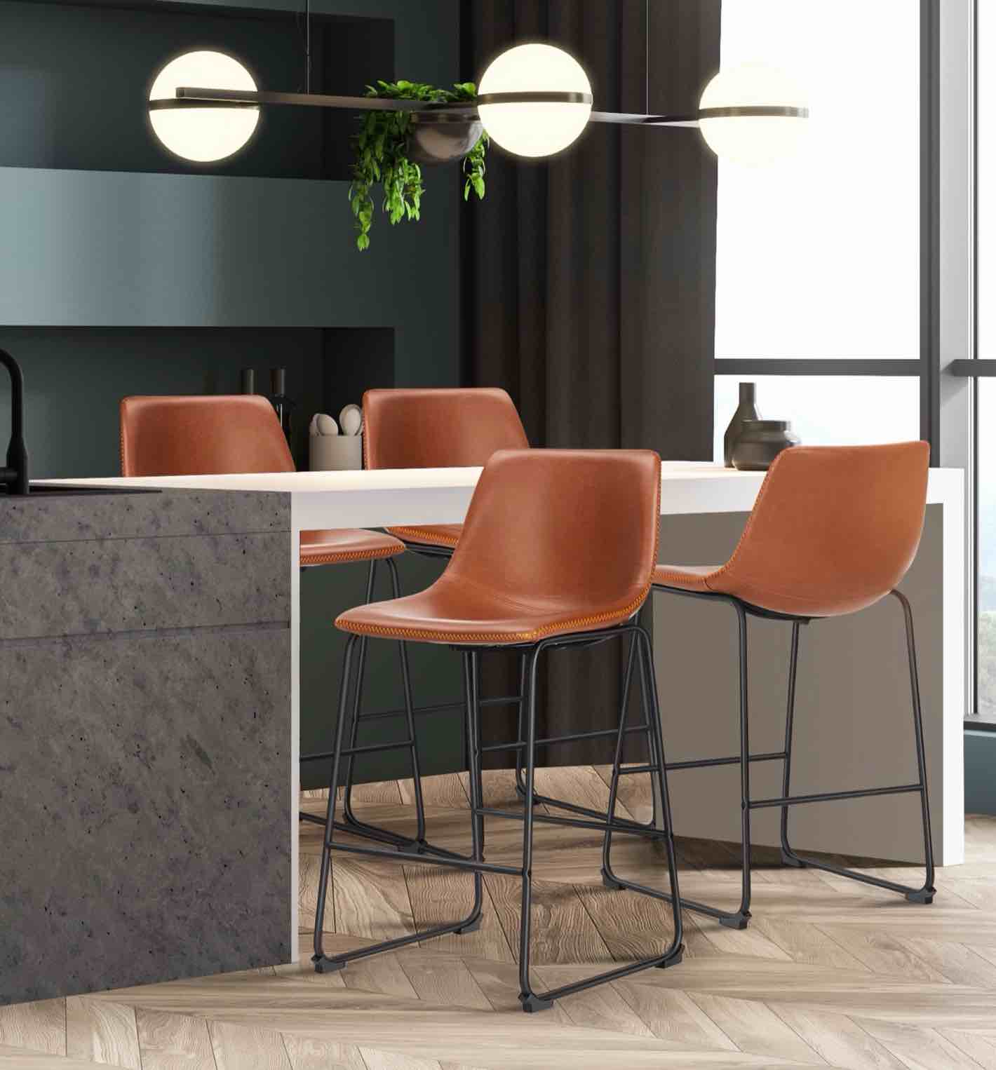 CONCETTA Bar Stools Set of 2, Counter Height Bar Stools with Back, 26 Inch Armless Industrial Faux Leather Barstools with Metal Legs and Footrest for Home Office Kitchen