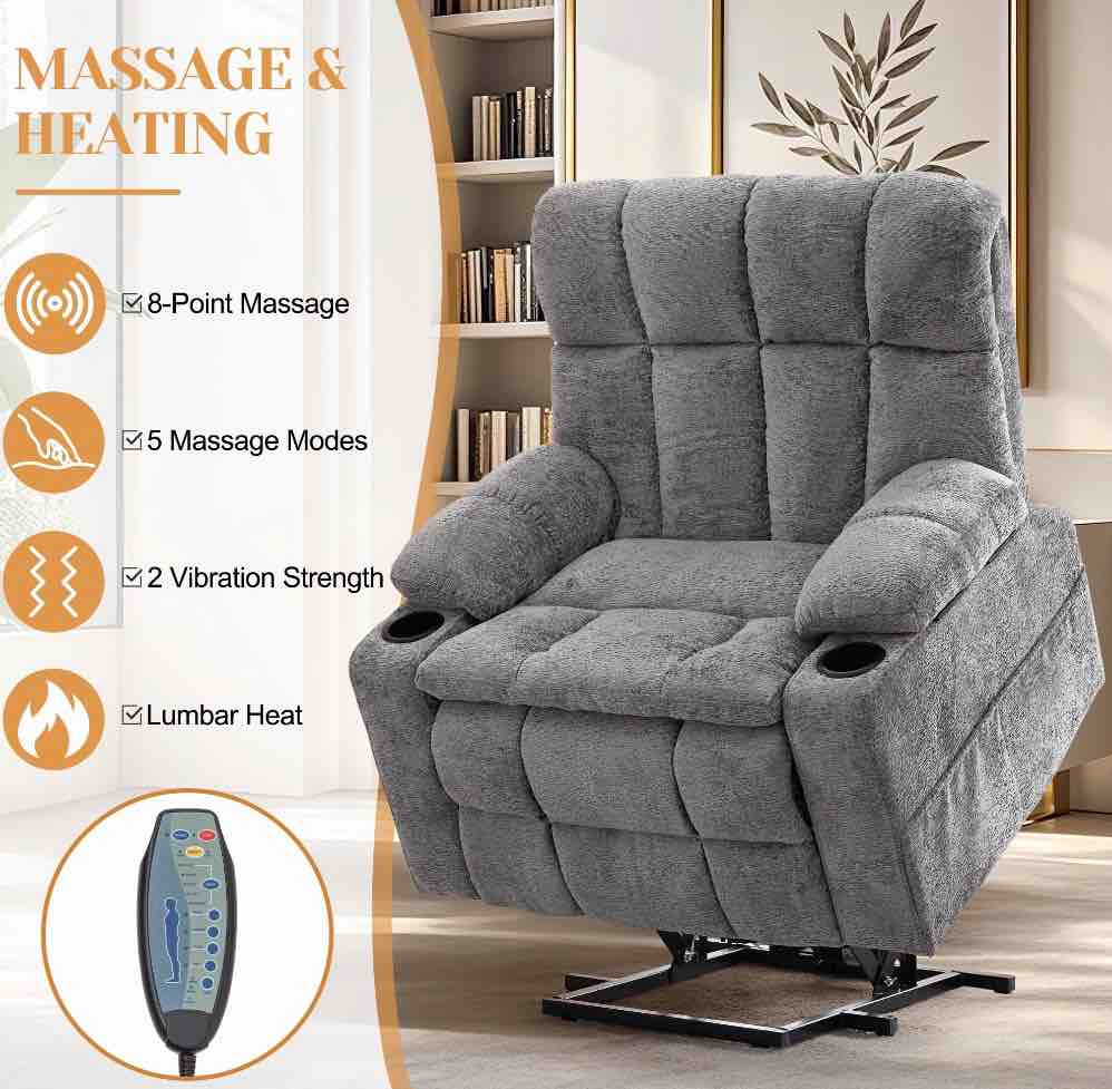 Korser Oversized Dual Motor Power Lift Recliner for Elderly with Adjustable Headrest,Massage Recliner Chair with USB Ports & Type C Electric Lift Chair with Storebox Cupholder for Living Room,Grey