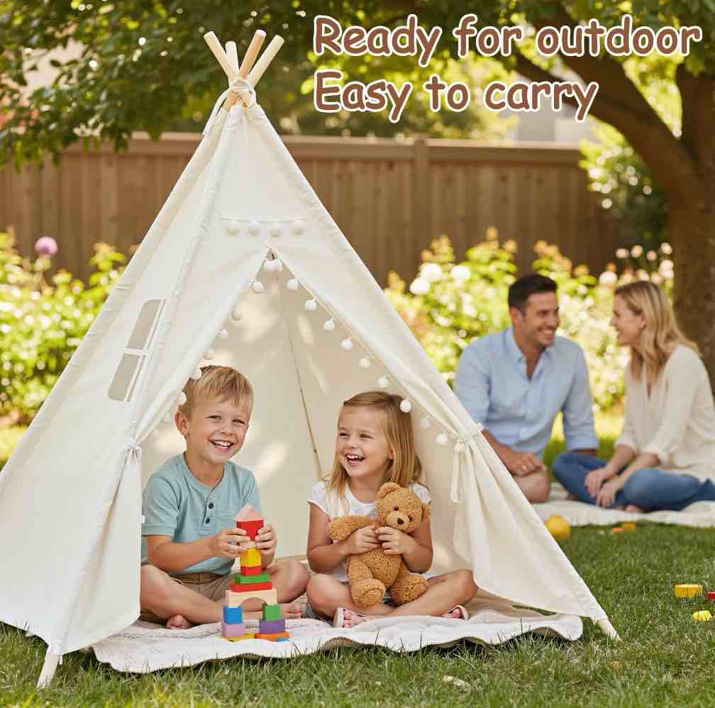 Teepee Tent for Kids, Play Tent with Pompom Ball Design,Washable Foldable Kids Tent for Indoor and Outdoor, Playhouse Toys for Toddler, Boys and Girls
