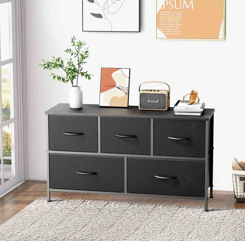 edx 5 Drawer Fabric Dressers for Bedroom, Chest of Drawer Organizer Storage Cabinet for Closet, Entryway, Black