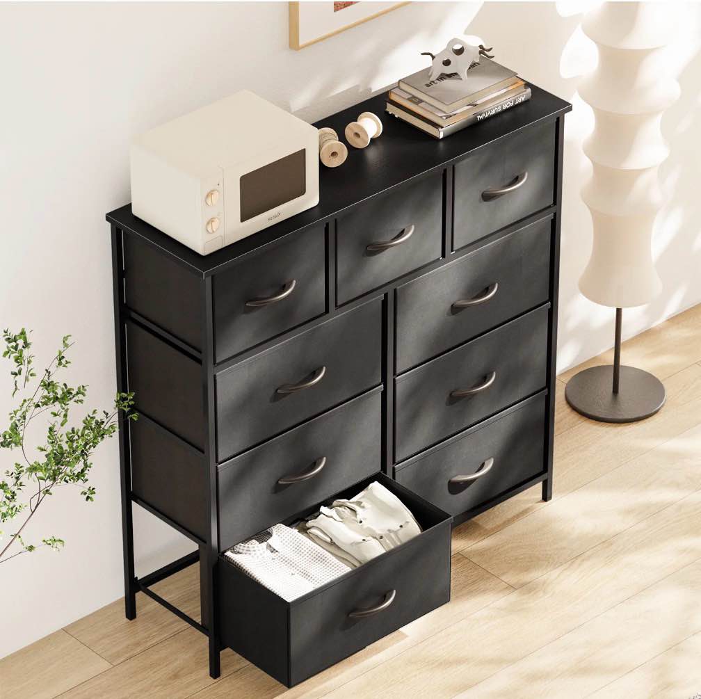 edx 9 Drawer Fabric Dresser for Bedroom, Chest of Drawer Organizer Storage Cabinet for Closet, Entryway, Black