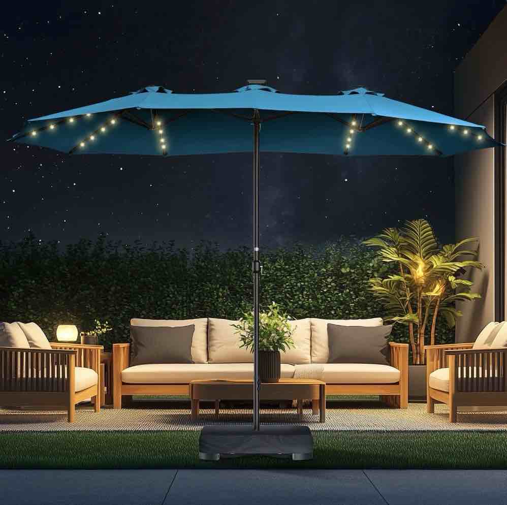 Patbrela 15ft Patio Umbrella with Light and Base, Double Sided  Large Rectangular Outdoor Umbrella with Crank Handle, for Garden, Yard, Poolside and Outdoor Activities, Blue
