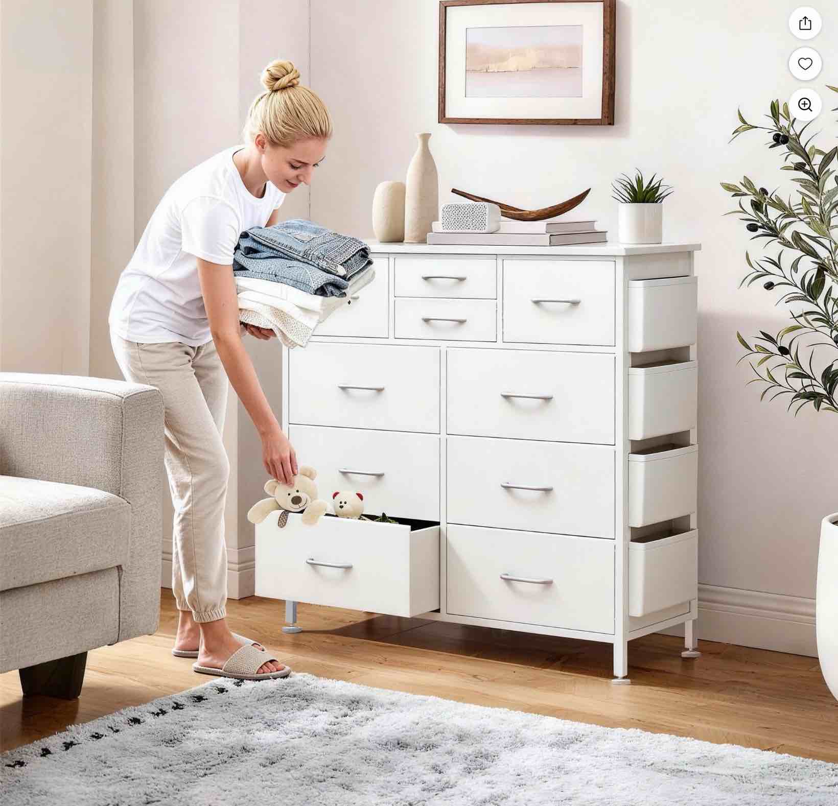 edx Dresser Storage with 10 Drawers, Fabric Dresser Tower with Side Bag, Storage Unit for Bedroom, Closet, Office, White