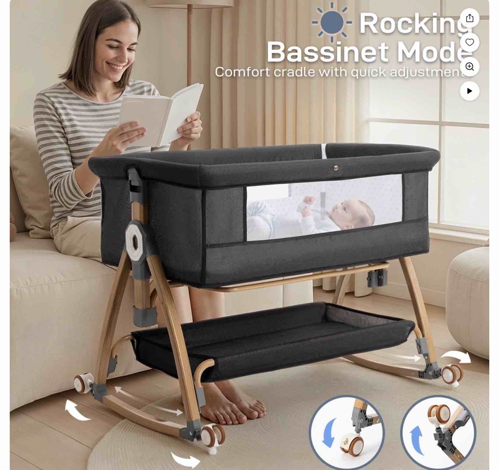 Baby Bassinet, Caveen Bedside Bassinet for Baby, 4 in 1 Portable Bedside Sleeper Rocking Crib with Wheels, Mosquito Net & Storage Basket, 6 Height Adjustable, Grey
