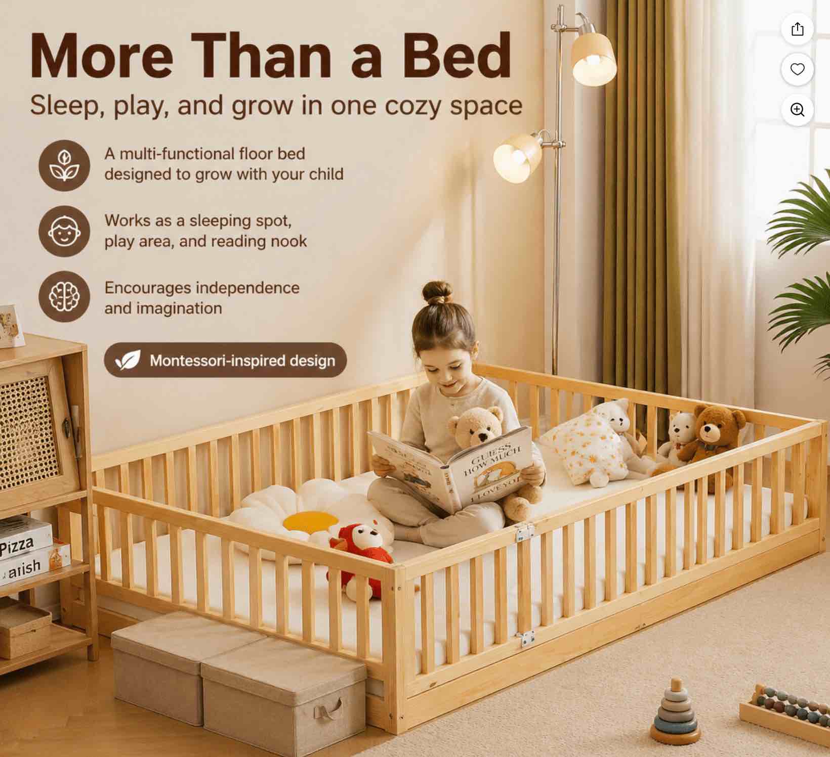 Zimtown Montessori Floor Bed Frame, Full Size Kids Toddler Bed with Fence and Door, Wooden Platform Bed, Natural Color