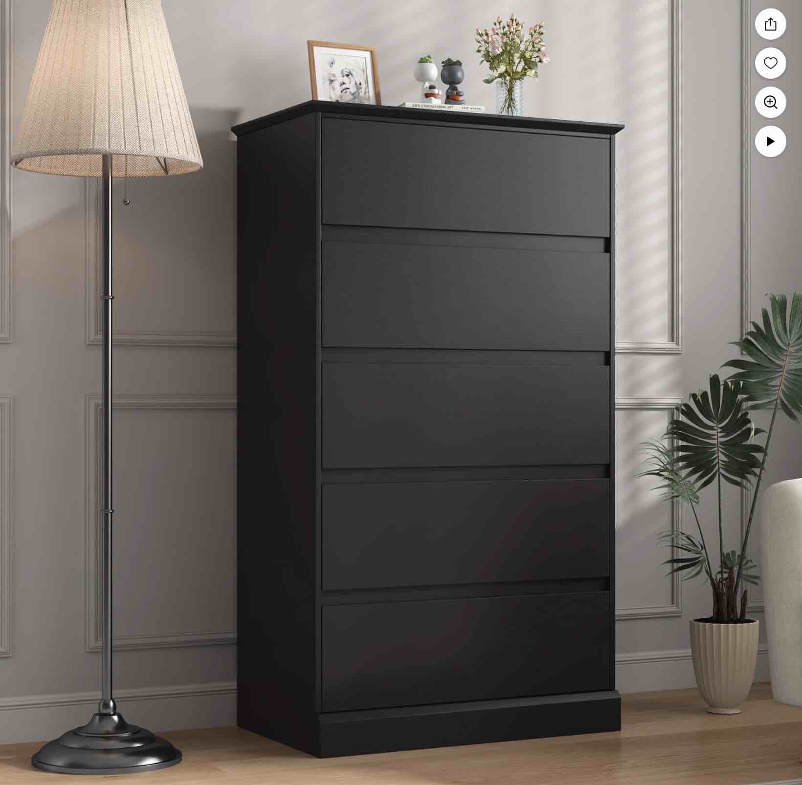 5 Drawer Dresser Black Bedroom Dresser Tall Dresser, Modern Storage Cabinet Minimalist Chest of Drawers with Solid Base for Living Room Dressing Room Entryway