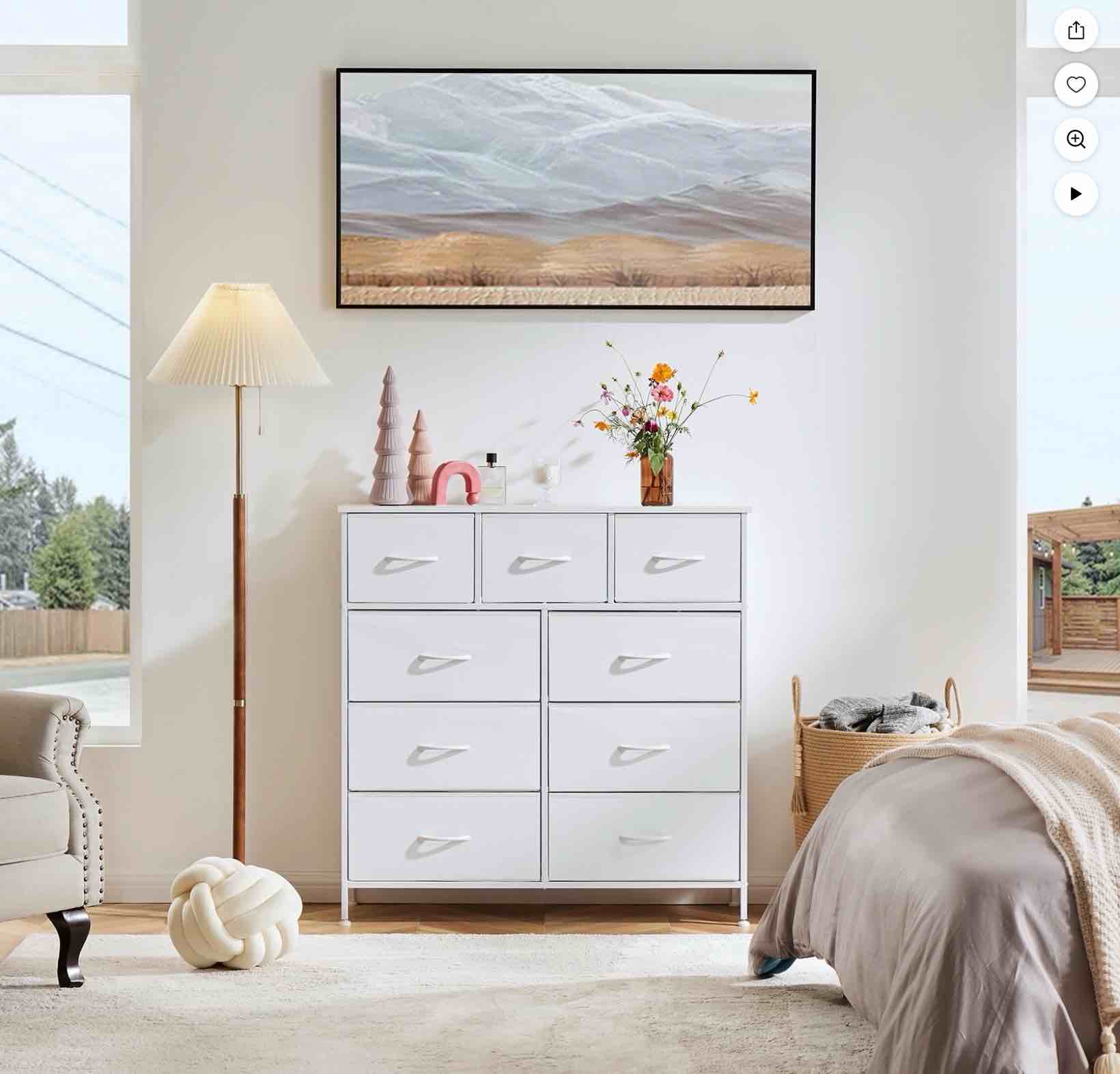 edx Fabric Storage Dresser with 9 Drawers, Steel Frame and Wooden Top for Bedroom, Closet and Entryway , White