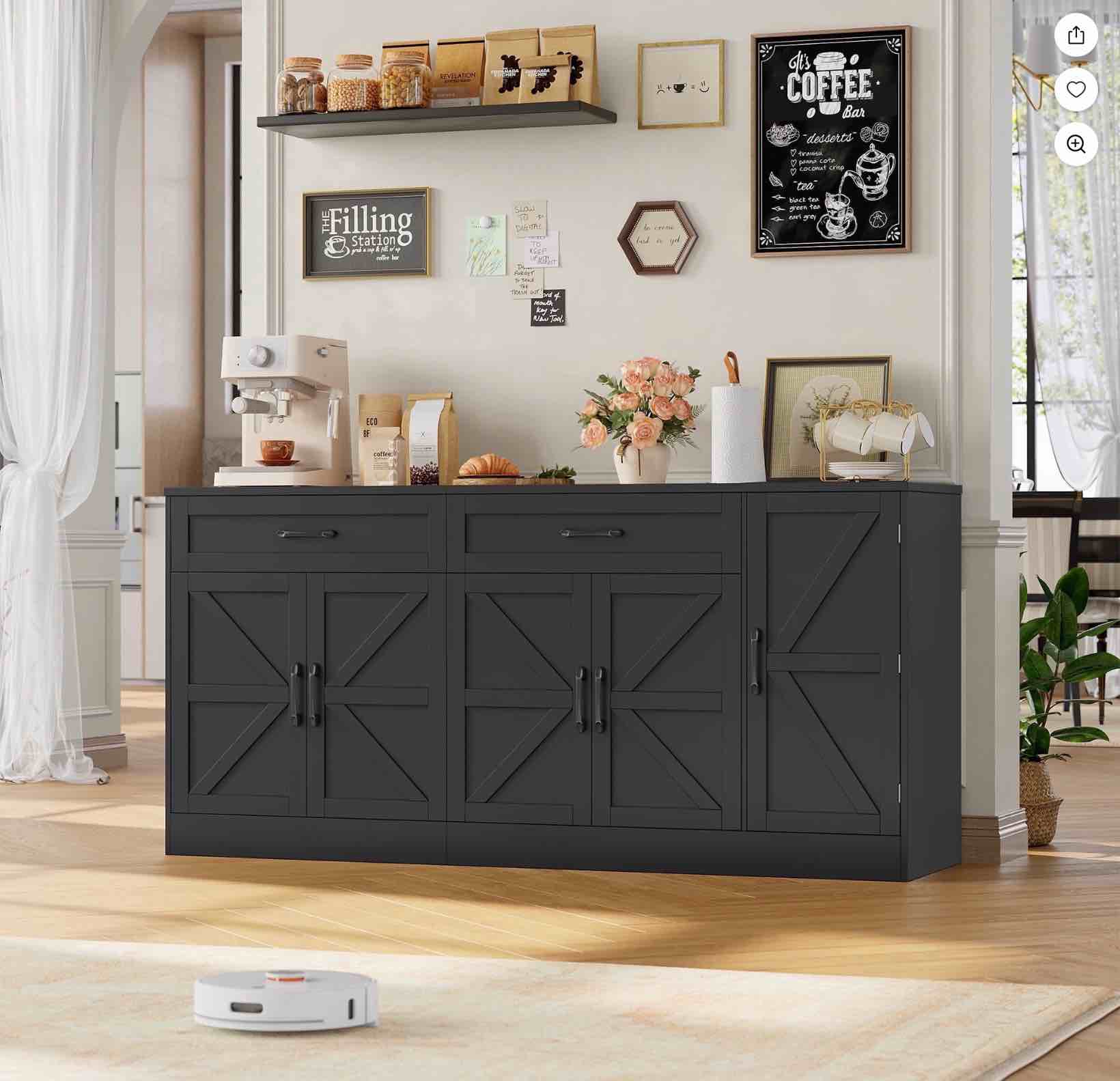 Homfa Farmhouse Buffet Cabinet with 2 Drawers, 70.9" W Kitchen Sideboard with 5 Doors & Adjustable Shelves for Kitchen Dining Room, Black