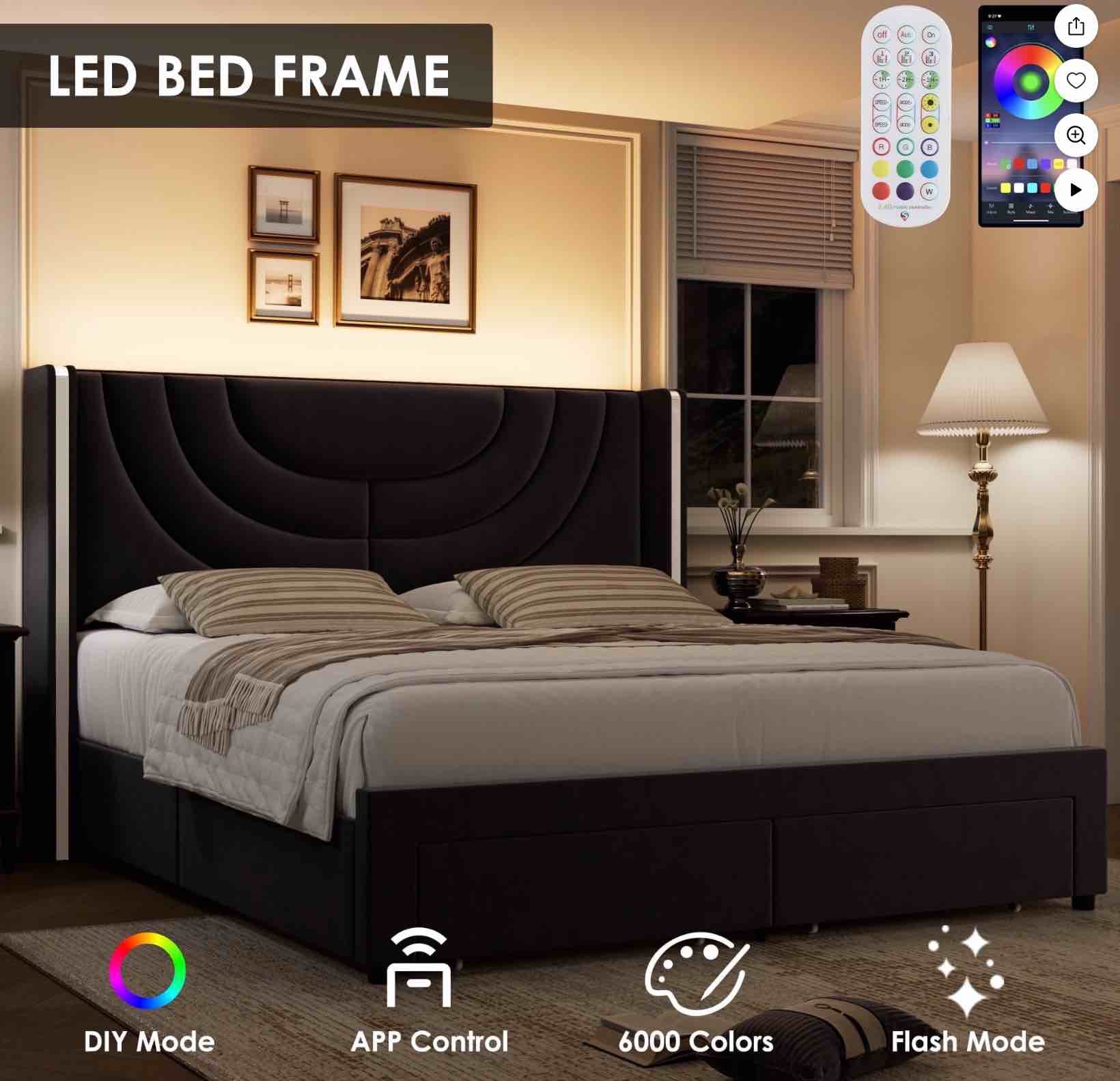 Homfa King Size LED Bed Frame with 2 Drawer Storage, Wingback Platform Bed with Velvet Upholstered Headboard, Black