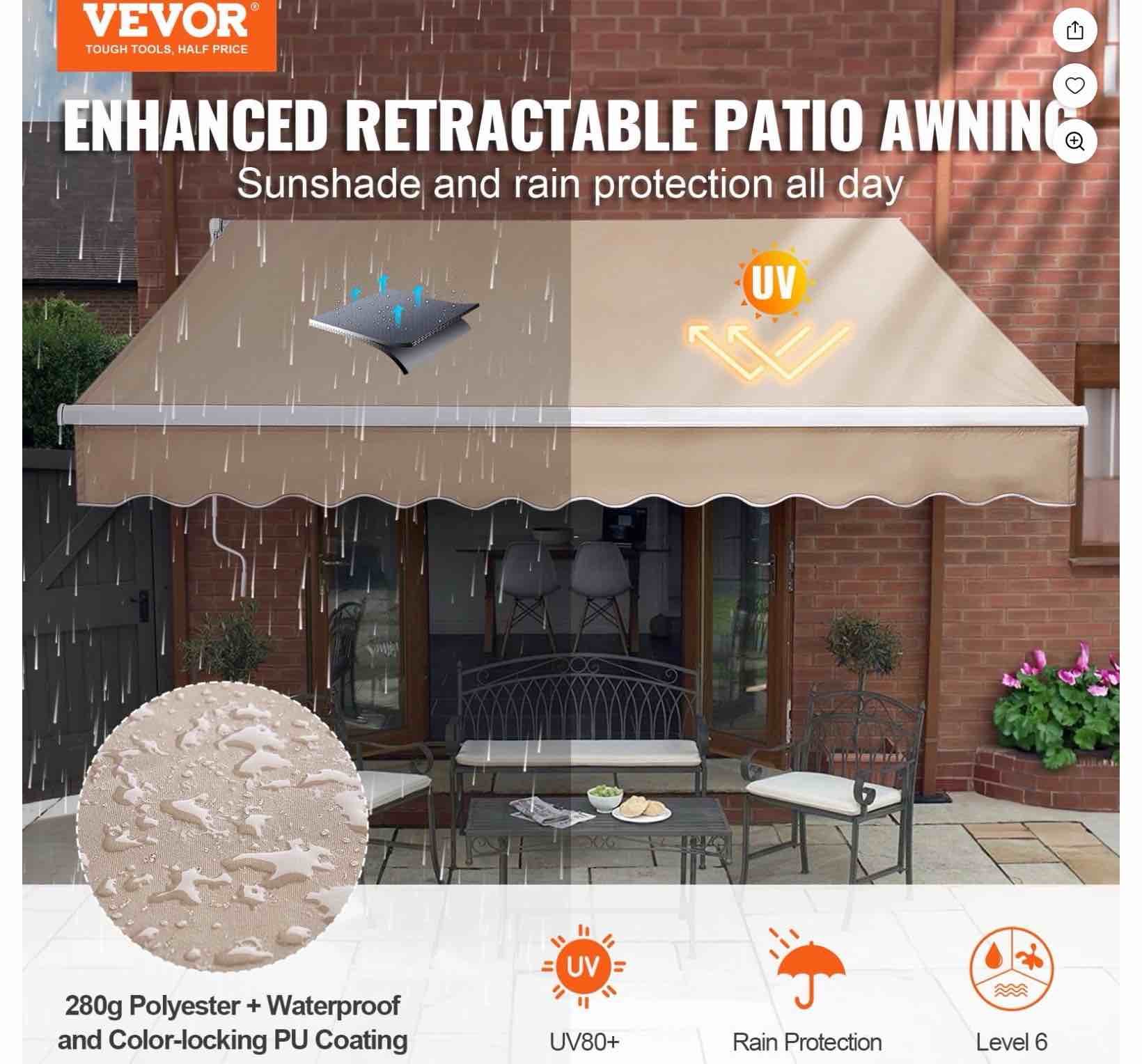 VEVOR Manual Retractable Awning, 10 x 8 ft Outdoor Patio Awning Retractable Sun Shade, Water-Resistant Polyester Patio Door Window Awning Sunshade Shelter with Crank Handle for Backyard, Balcony