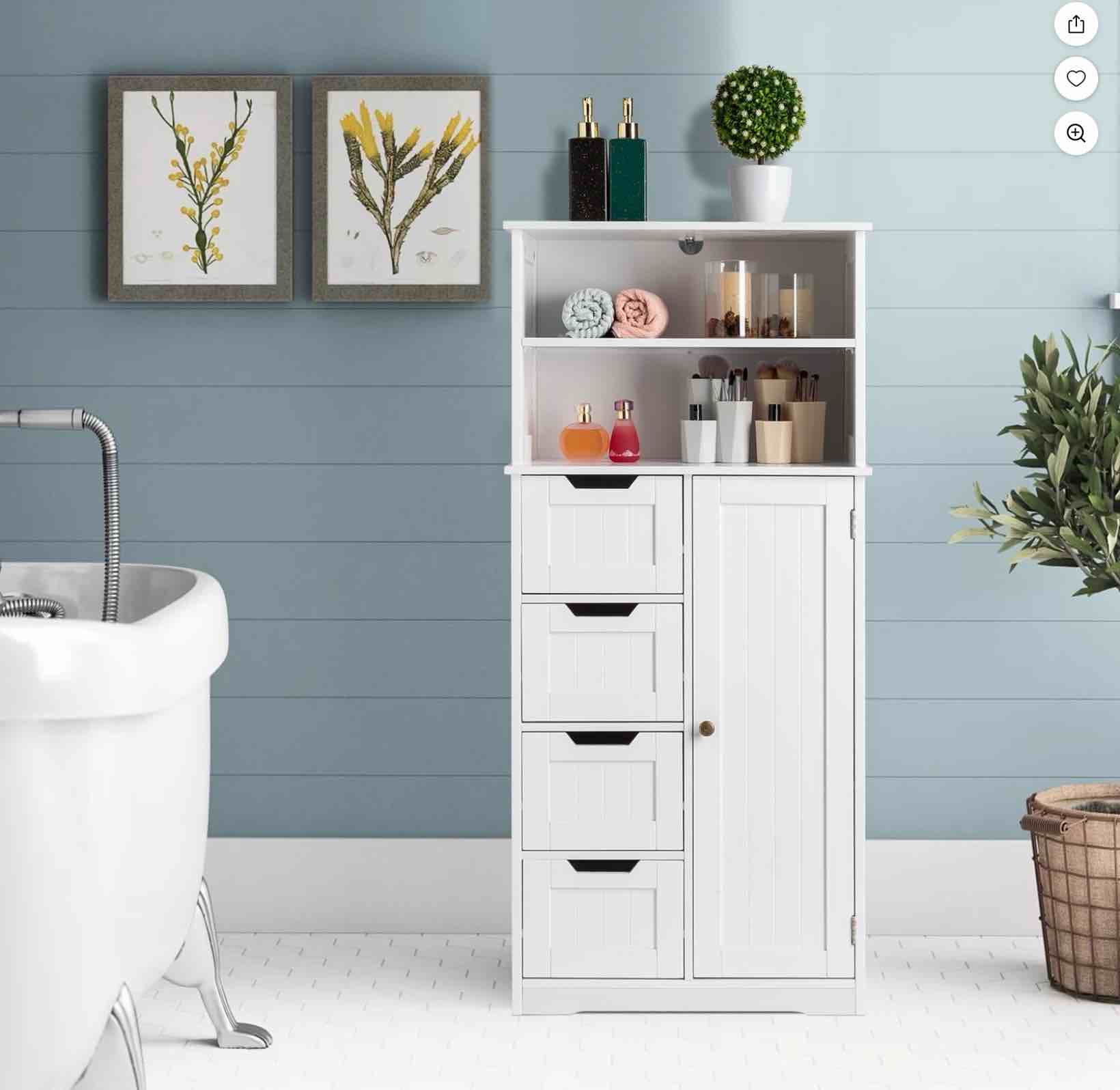Ktaxon Bathroom Floor Cabinet with 4 Drawers 1 Cupboard & 2 Adjustable Shelves for Kitchen Living Room, White