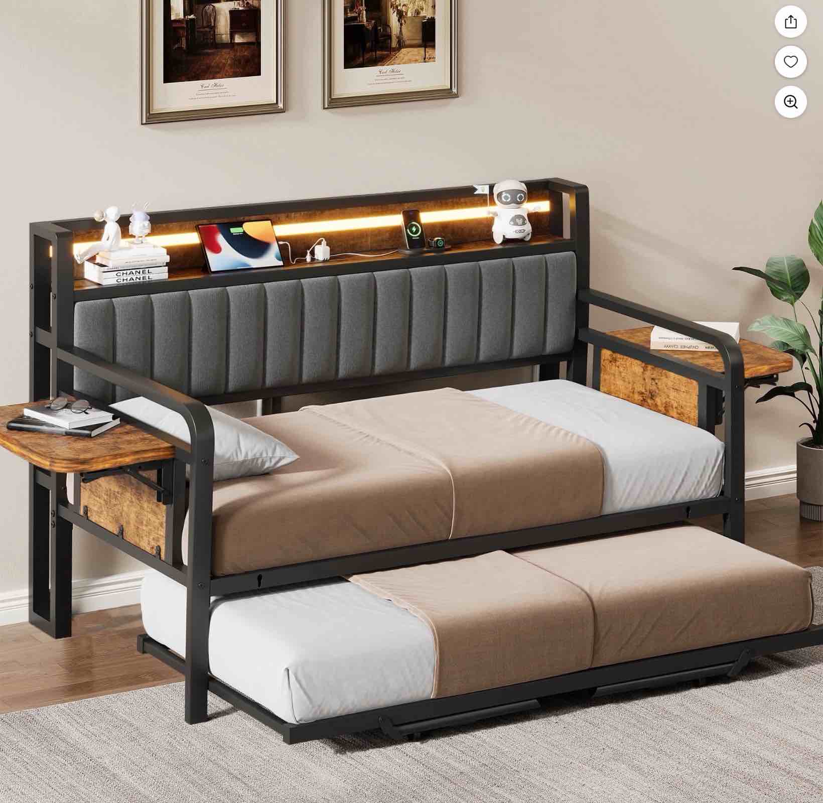 Anyact Daybed with Side Table/Charging Station/Upholstered Storage Headboard/LED Light/Pop-upTrundle, Industrial Heavy Duty Metal Twin Sofa Bed Frame for Guest Living Room/Bedroom,Black&Brown
