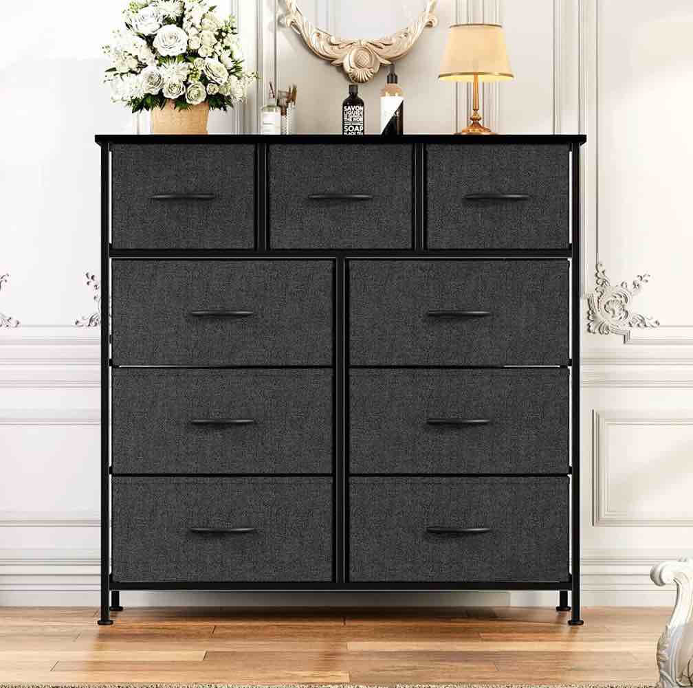edx 9 Drawer Fabric Dresser for Bedroom, Chest of Drawer Organizer Storage Cabinet for Closet, Entryway, Black
