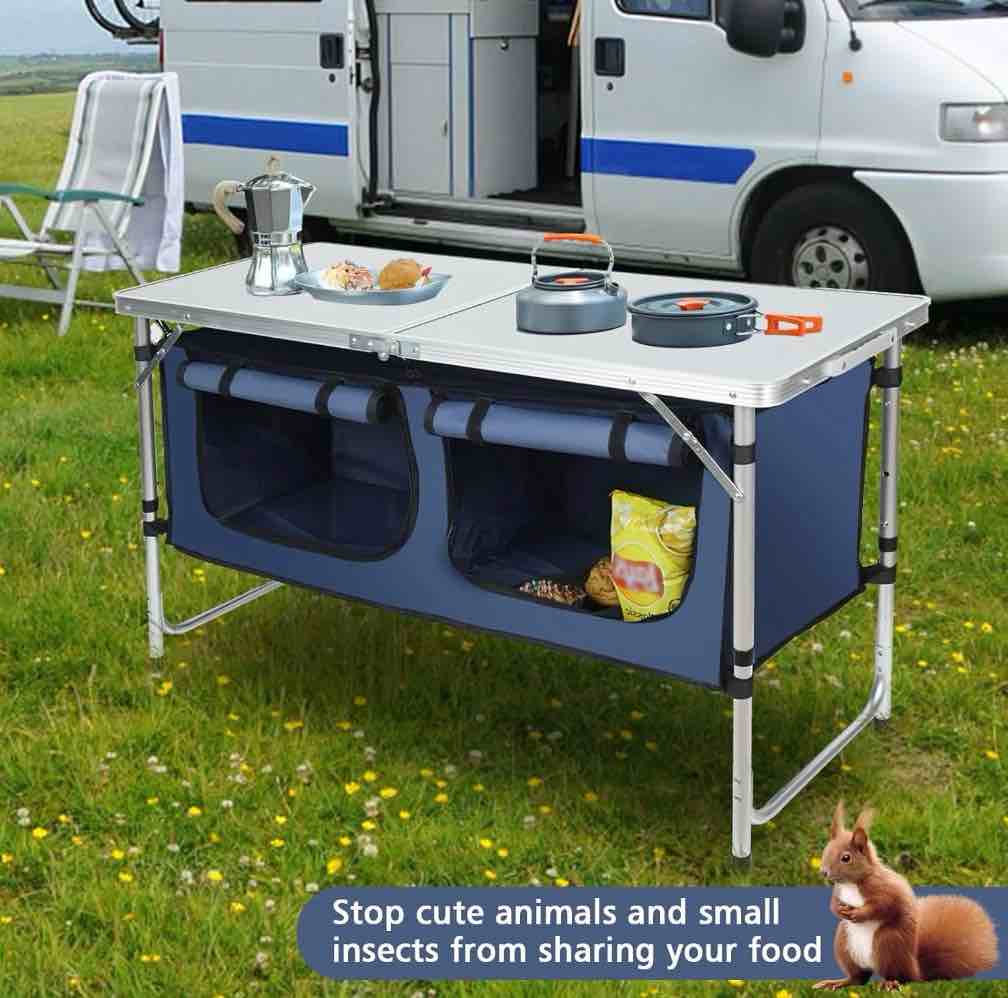Acpouw 4 ft Folding Camping Table with Storage, Camping Kitchen Station, Aluminum Portable Folding Table Camp Cook Desk with Storage Organizer and 2 Adjustable feet, White