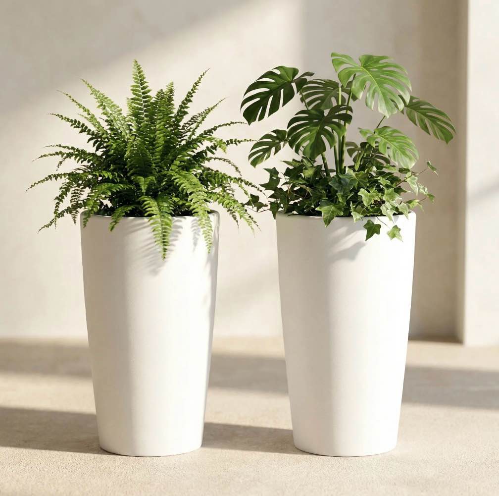 SnugNiture Set of 2 Round 22-Inch Tall Planters, White – Large Indoor/Outdoor Pots with Drainage, Matte Frosted Finish