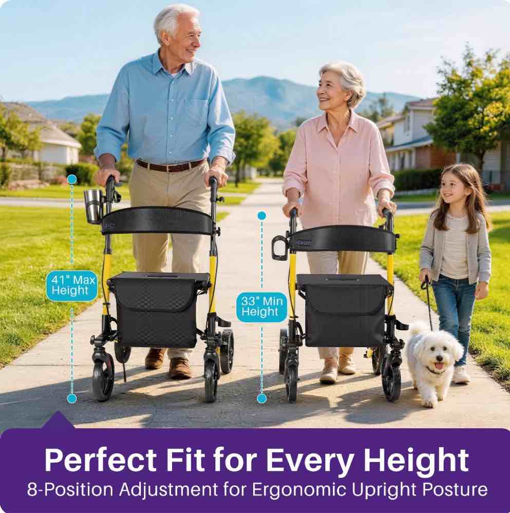 KEKOY Foldable Mobility Rollator Walkers for Seniors with Seat 350 lb, Adjustable Handles and Backrest Height, Adult Aluminum Rolling Walker, 8" Big Wheels, Yellow