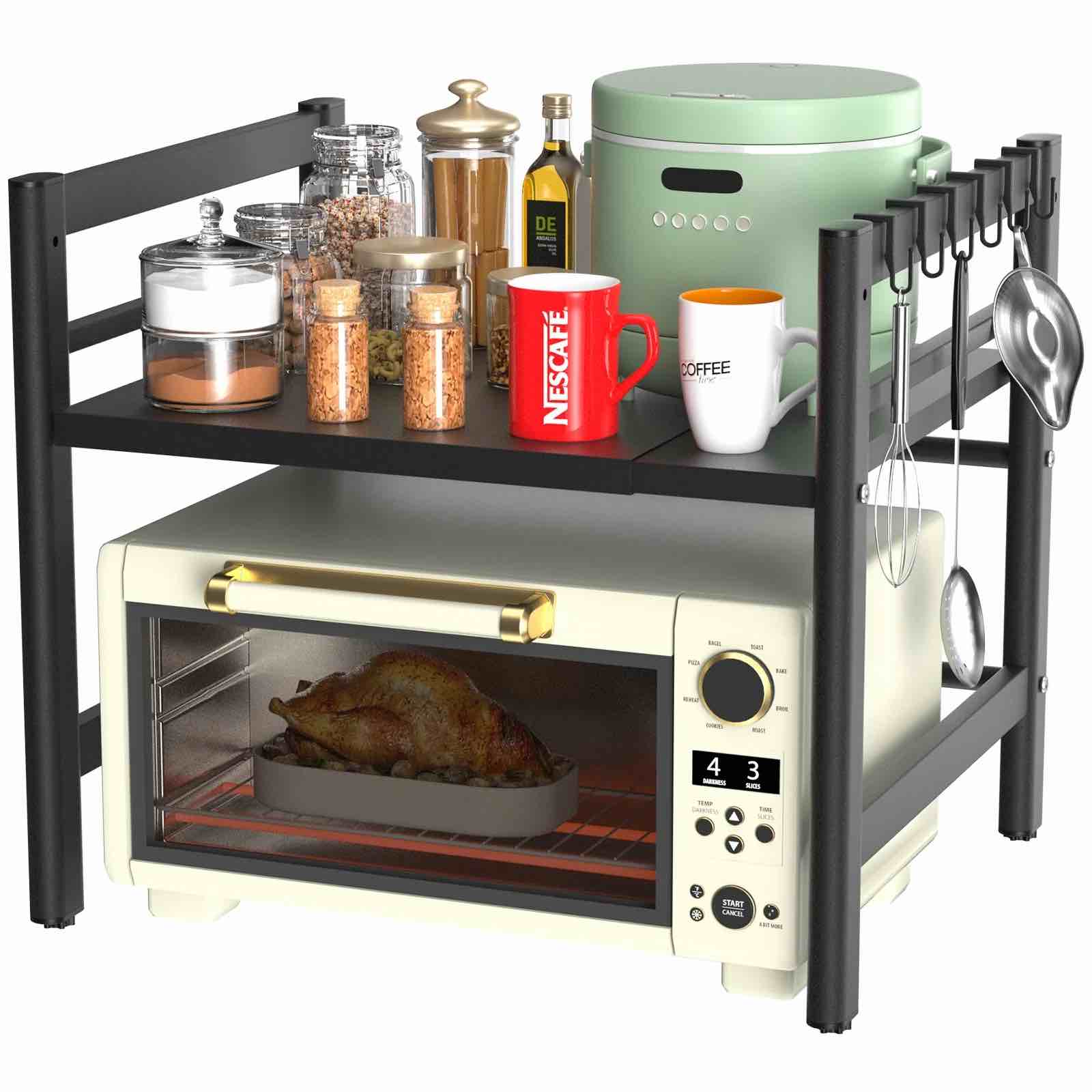 stusgo Extendable Microwave Shelf, Adjustable Toaster Oven Rack Kitchen Counter Top Organizer Stand, 2-Tier with 6 Hooks,110 lbs Weight Capacity, Black