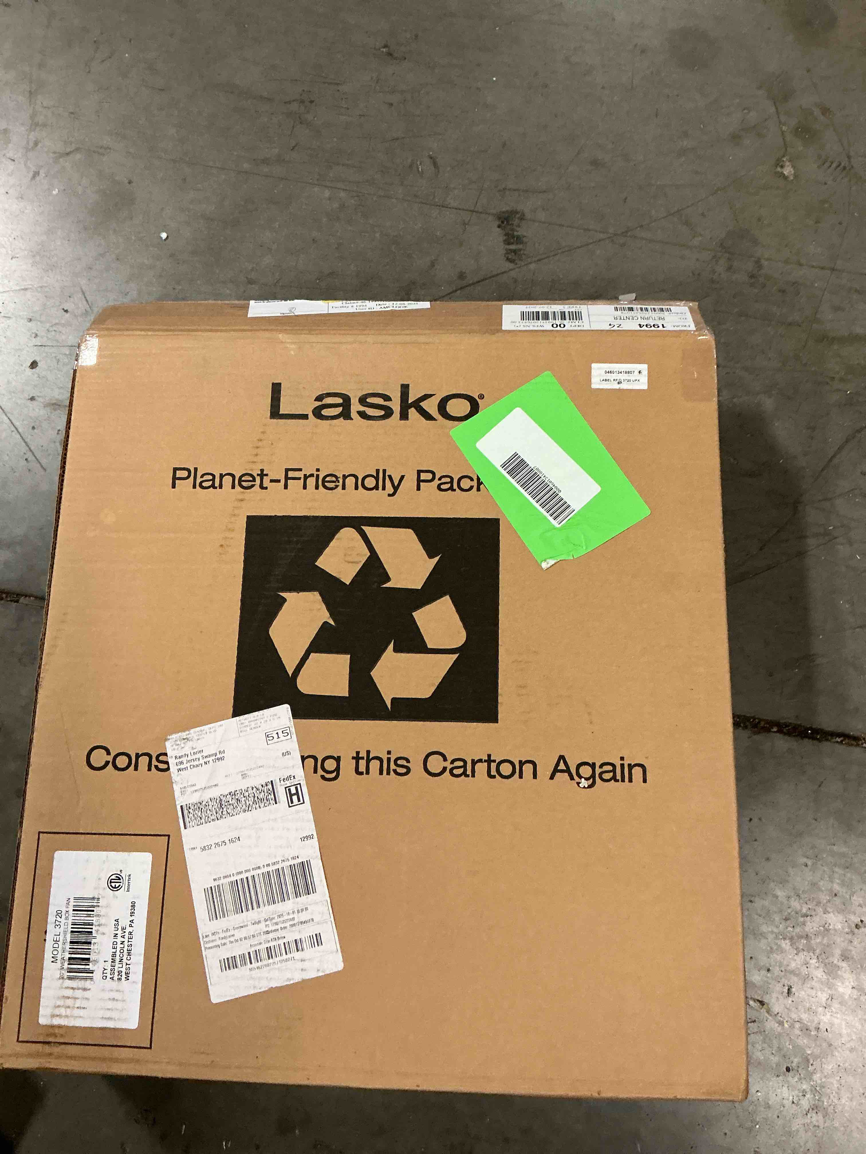 Lasko 20" Weather-Shield Performance 3-Speed Box Fan, 2000 CFM, White, 3720