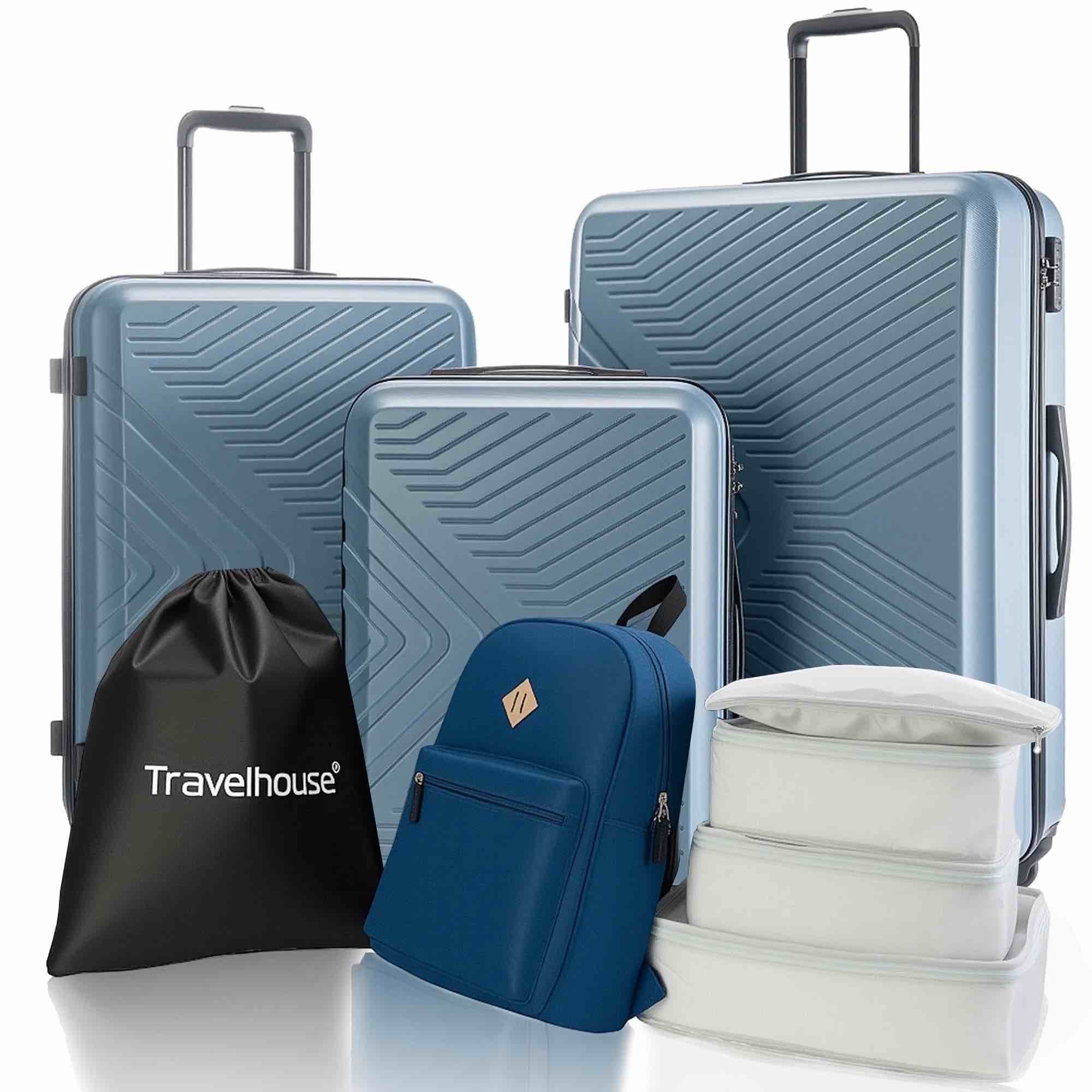 Travelhouse 3 Piece Hardside Luggage Set Hardshell Lightweight TSA Lock Spinner Wheels Suitcase with Backpack and 5 Packing Cubes.Blue