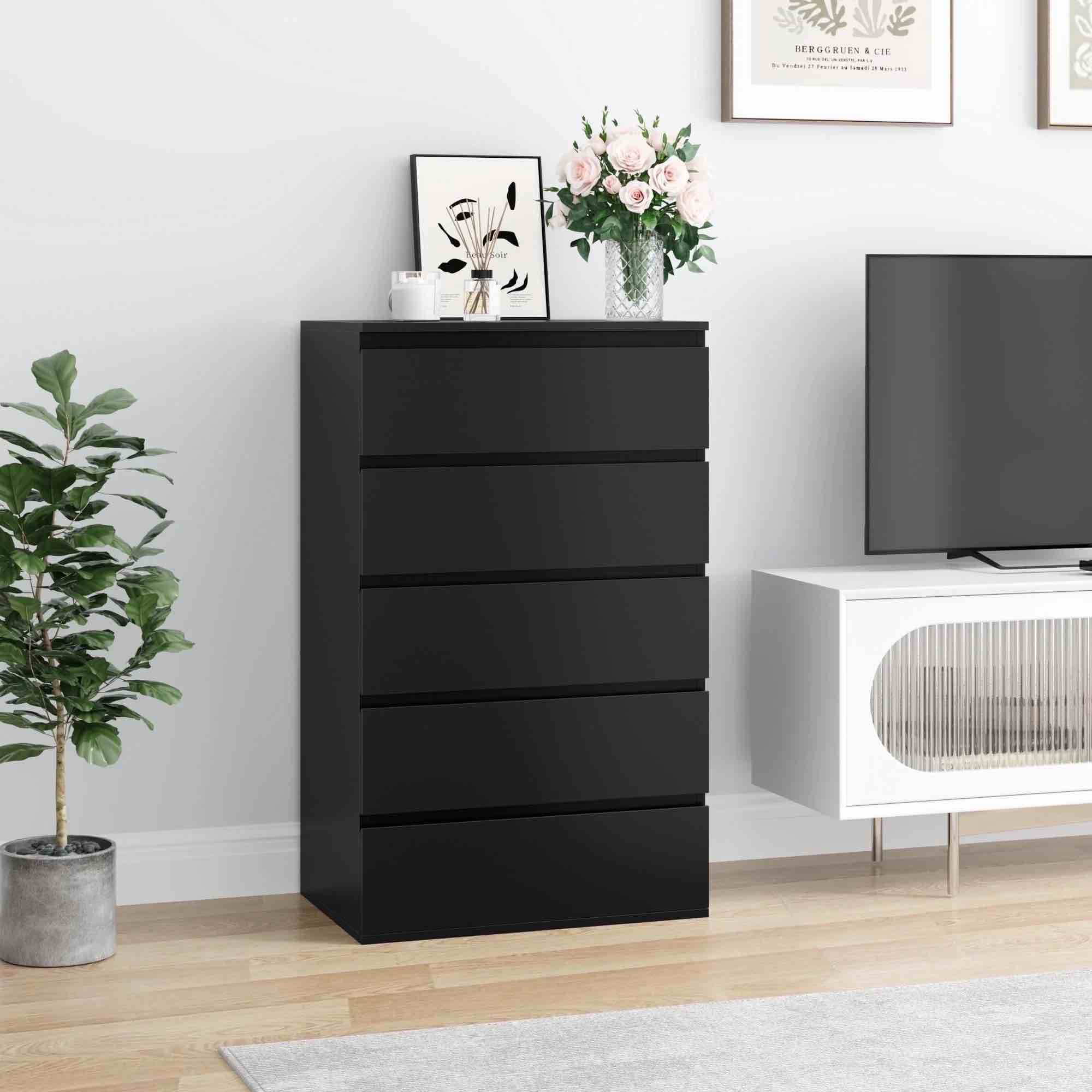 Homfa 5 Drawer Tall Dresser, Modern Storage Cabinet Wood Bedroom Nightstand for Living Room, Black