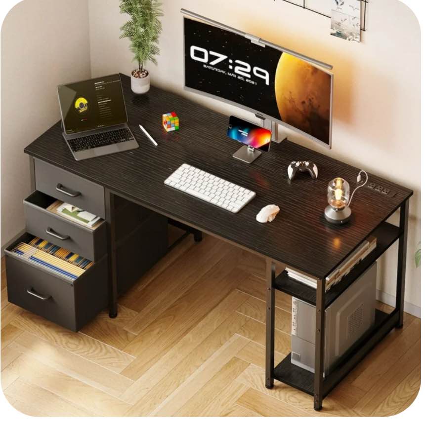 51 Inch Computer Desk with File Drawers & USB Power Outlets- Reversible Home Office Desk with Storage Shelves, Work from Home, Writing Table for Bedroom, Black