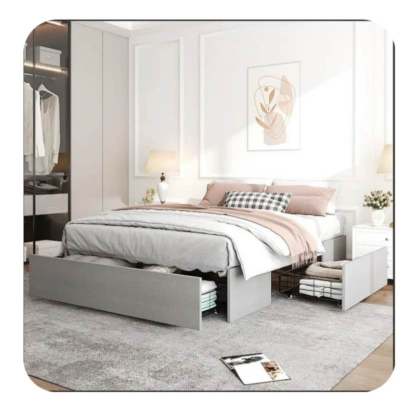 Zimtown Full Size Platform Bed Frame with 3 Storage Drawers, Fabric Upholstered, Teen, Adult, Grey