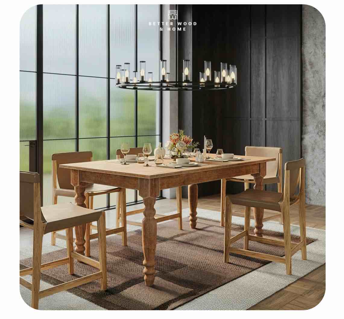 Better Wood & Home Sawyer Farmhouse Dining Table, Solid Wood, Caramel Oak size 64.96 x 39.6 x7 inch 