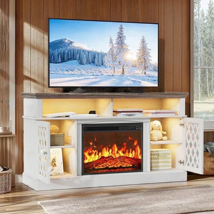 Farmhouse Fireplace TV Stand for 75 inch with LED Light, Adjustable Storage Shelves, Glass Doors, Media Entertainment Center with Fireplace for Living Room, Bedroom, White