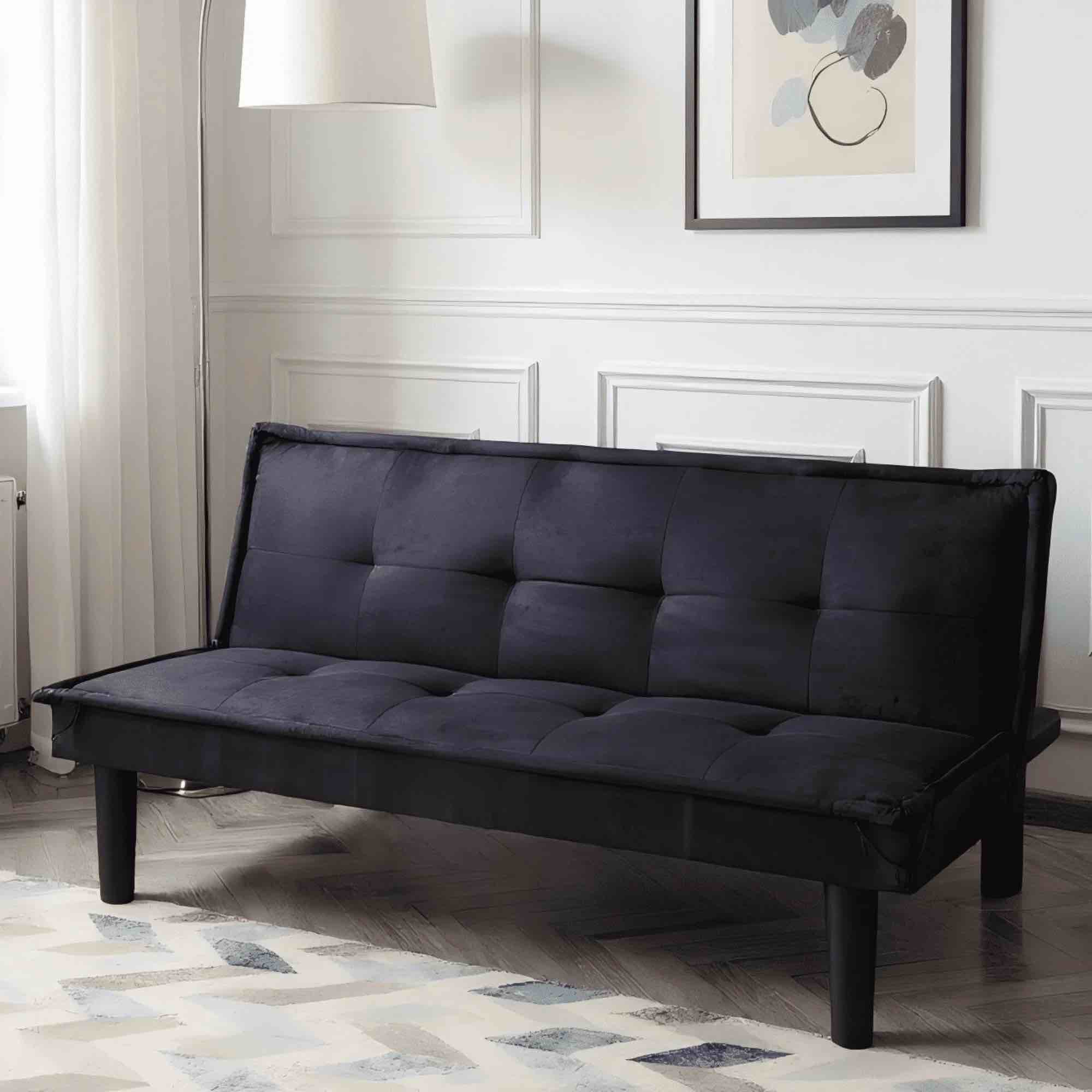 BSHTI 63.2" Convertible Futon Sofa Bed, Features 3 Adjustable Backrest Positions, Twin Size, Faux Suede Upholstered Sleeper, Black