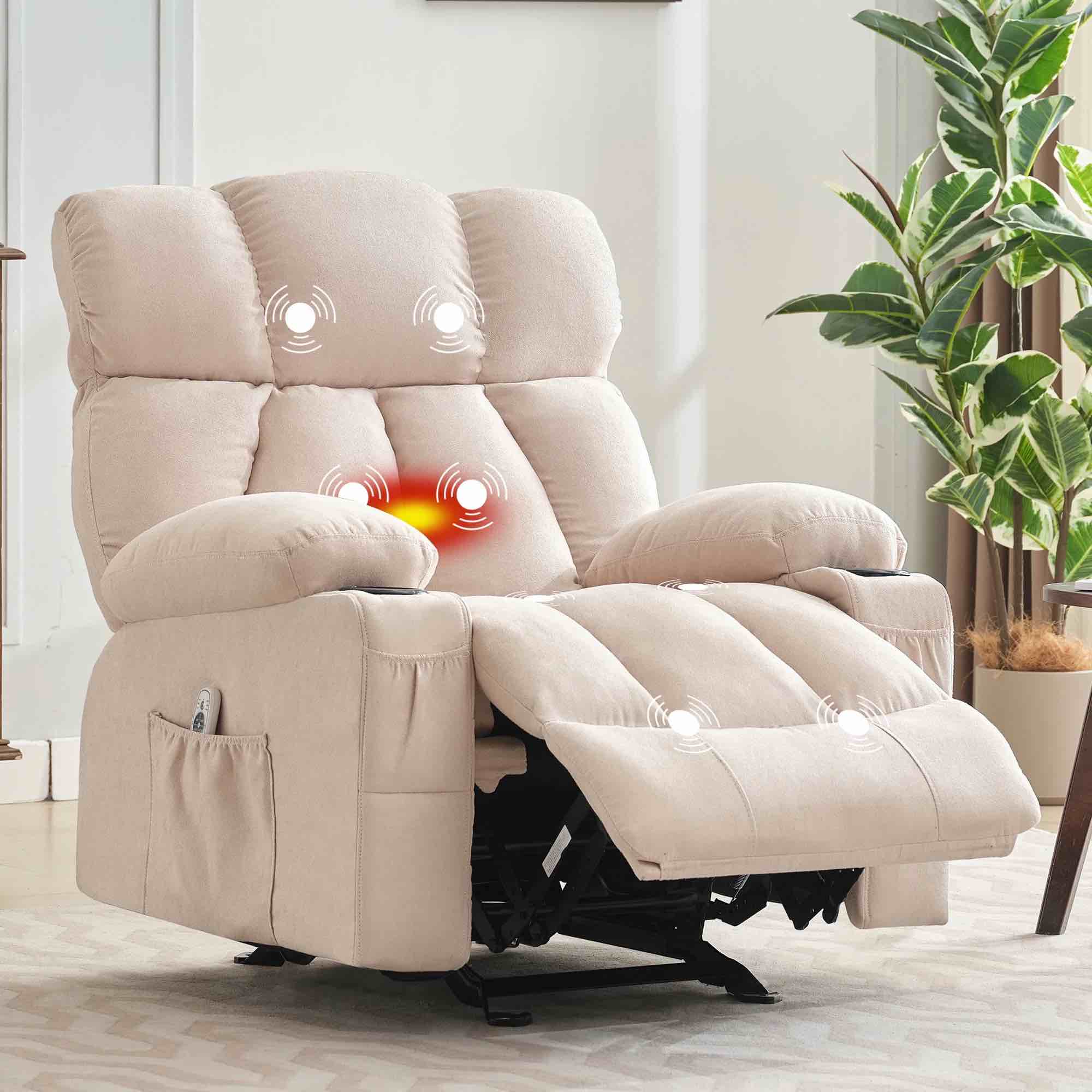 JONPONY Manual Recliner Chair with Heat Therapy and Massage Function, Heavy Duty Reclining Mechanism Massage Chair, Elderly Single Rocker Sofa with Cup Holders for Bedroom Home Theater,Beige
