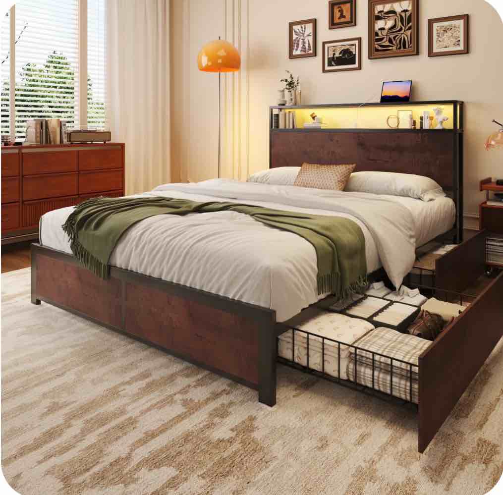 Fluest Full Bed Frame with 2-Tier Storage Headboard, USB Port and LED Light, 4 Storage Drawers, Rustic Brown
