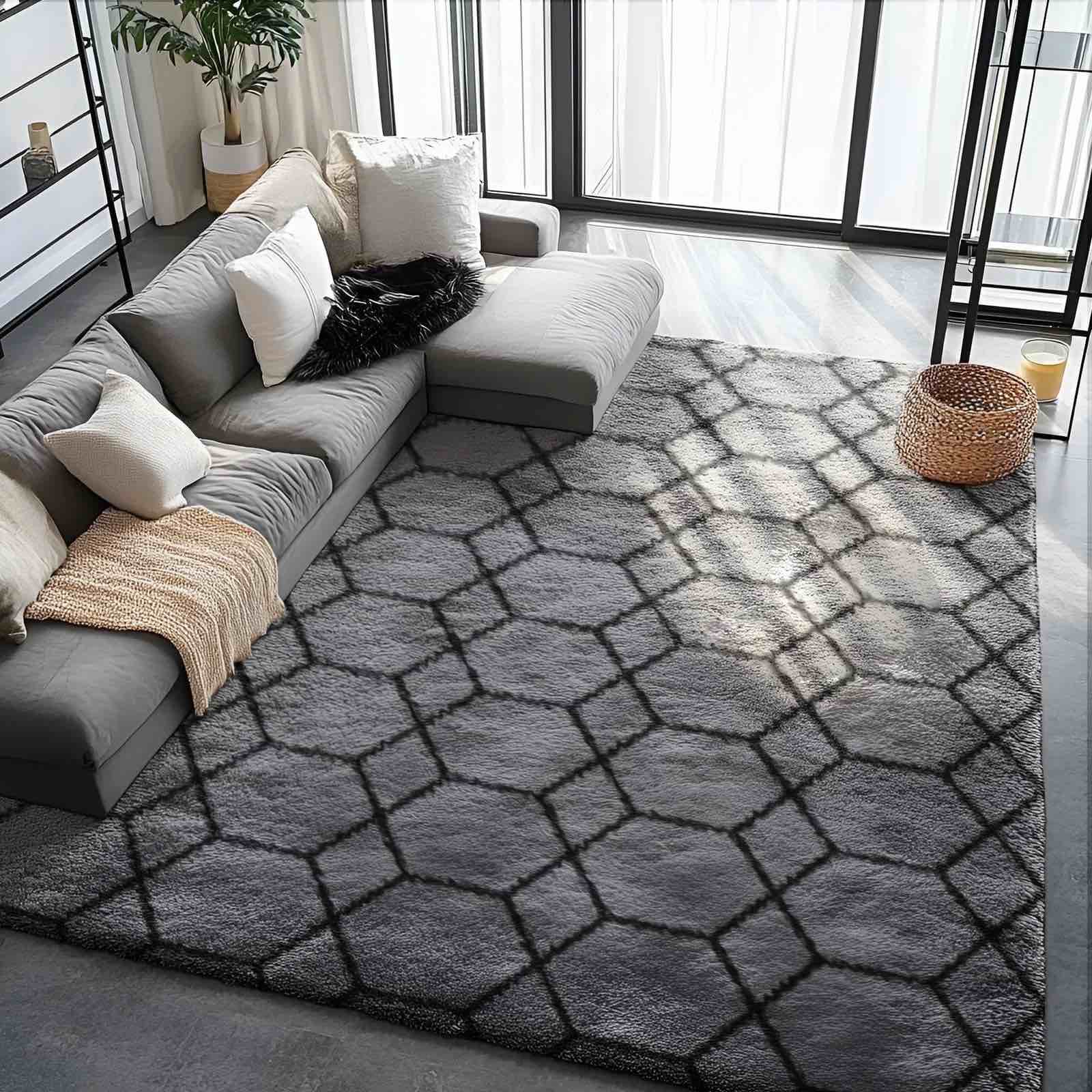 pentantan 8ft x 10ft shag area rugs for living room, modern geometric fluffy bedroom carpet, black & gray