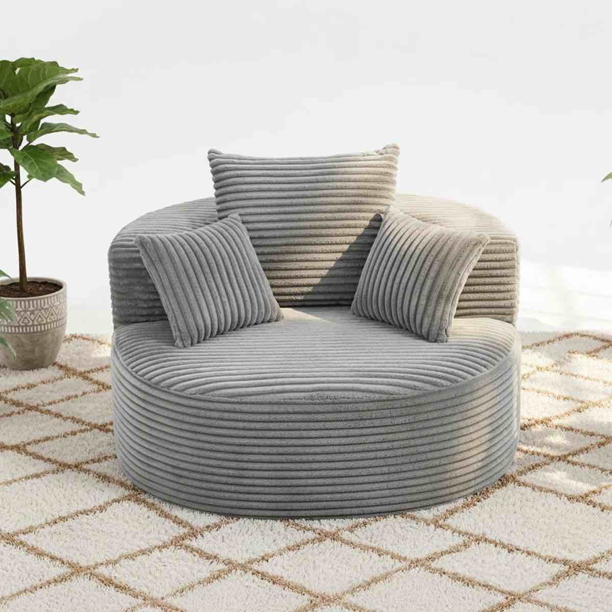 No Assembly Required Corduroy Oval Chaise Lounge, Self-Expanding Sofa with Pillows, Wide Armrest Compact Lounger for Living Room