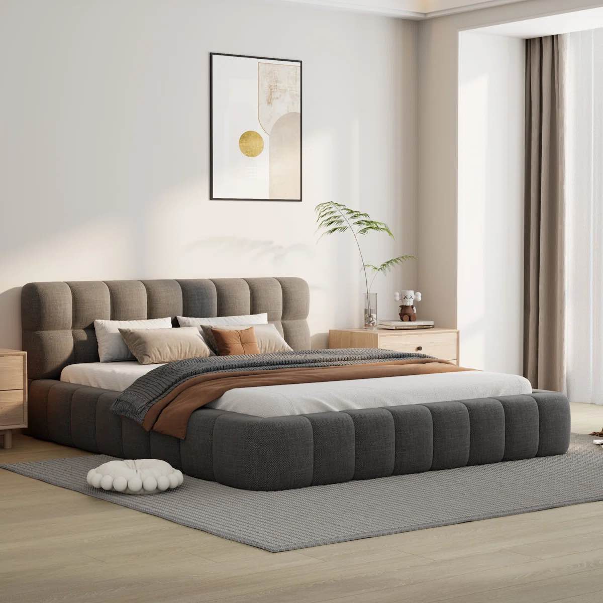 Katence Elegant Linen Platform Bed with Upholstered Headboard and Solid Frame Stability